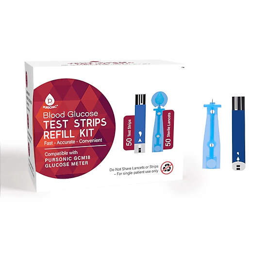 Pursonic Unisex Diabetes Care Refill Kit: Blood Glucose Test Strips & Sterile Lancets (50 Test Strips + 50 Lancets)