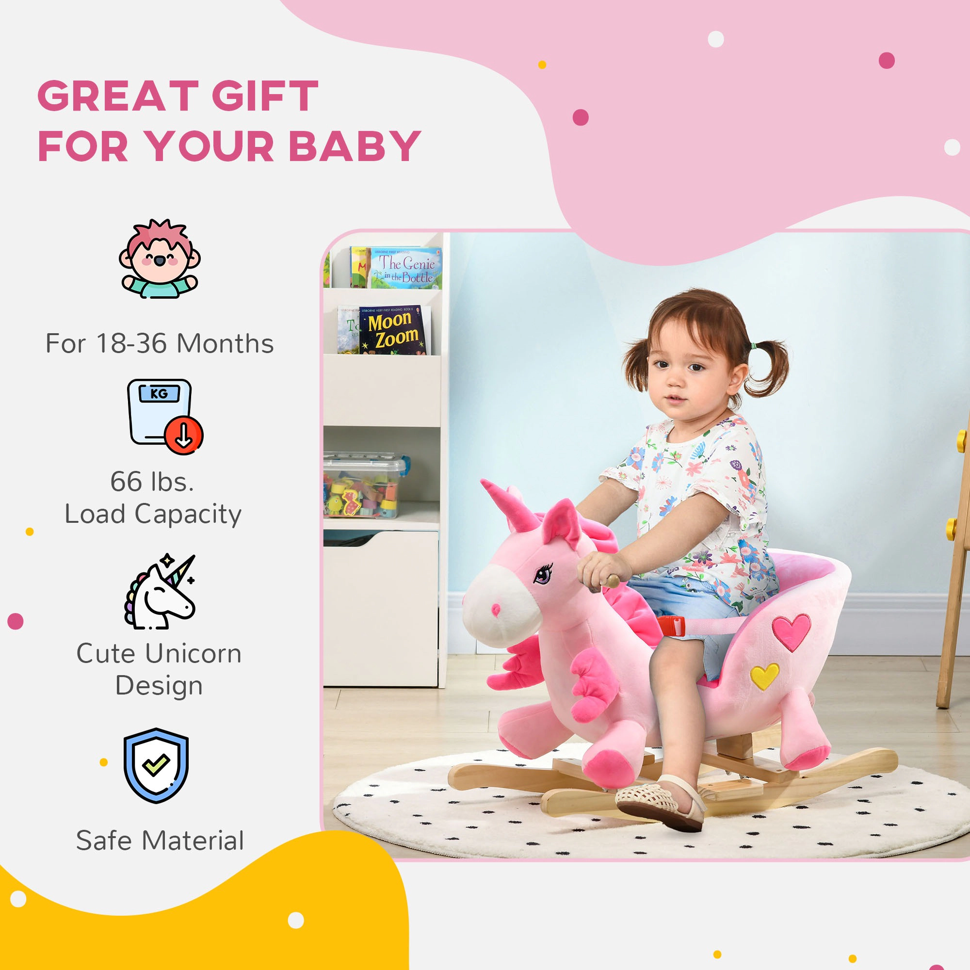 HONGGE Musical Unicorn Rocking Horse with 32 Songs & Seatbelt, Wood Base, Ages 18-36 Months, Pink