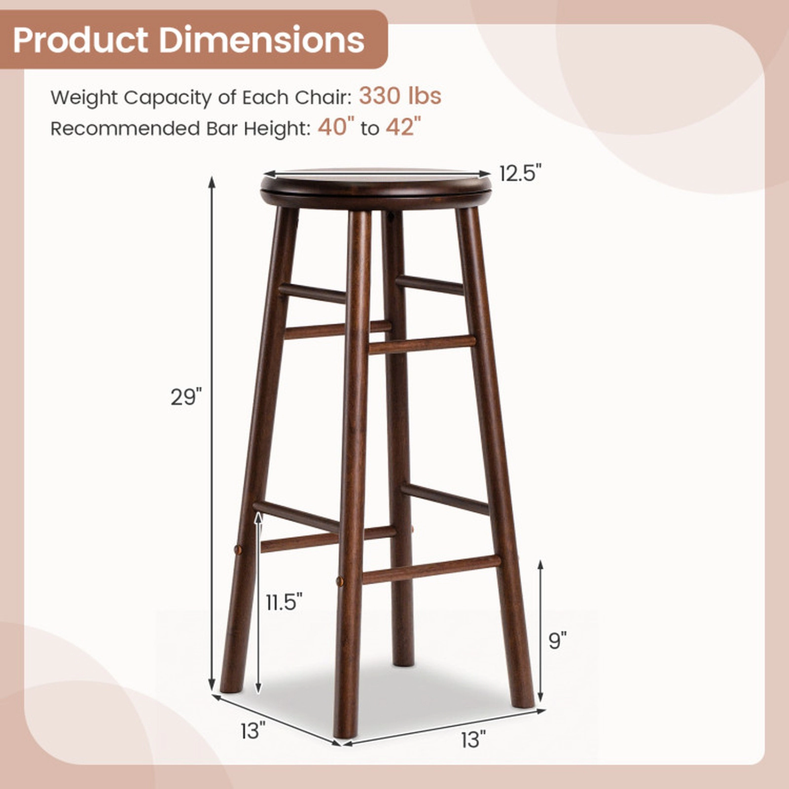 SUGIFT Set of 2 29-in Walnut Rubber Wood Swivel Bar Stools with Footrests