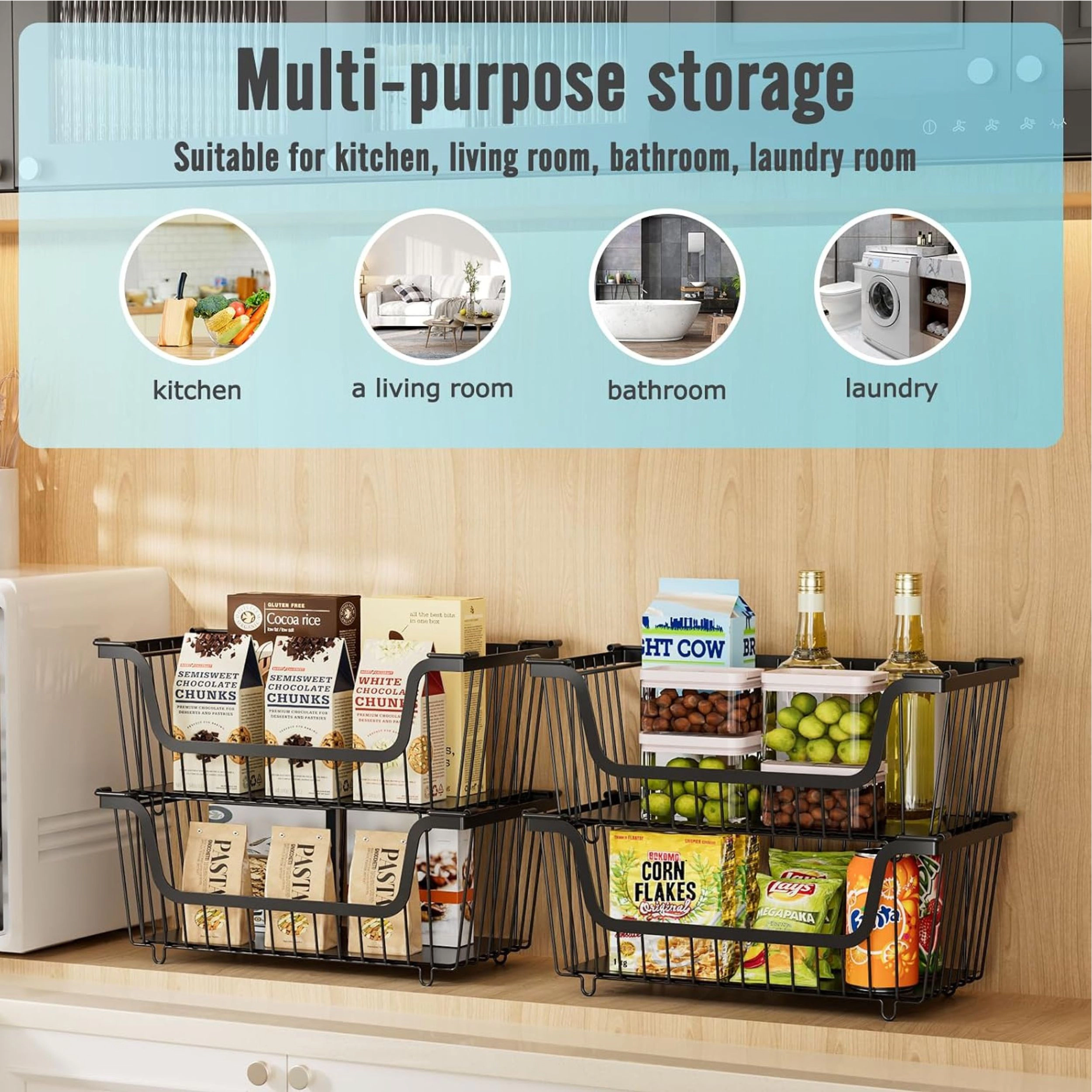 Stock Preferred Pack of 4 Stackable Wire Pantry Storage Basket Organizer Set