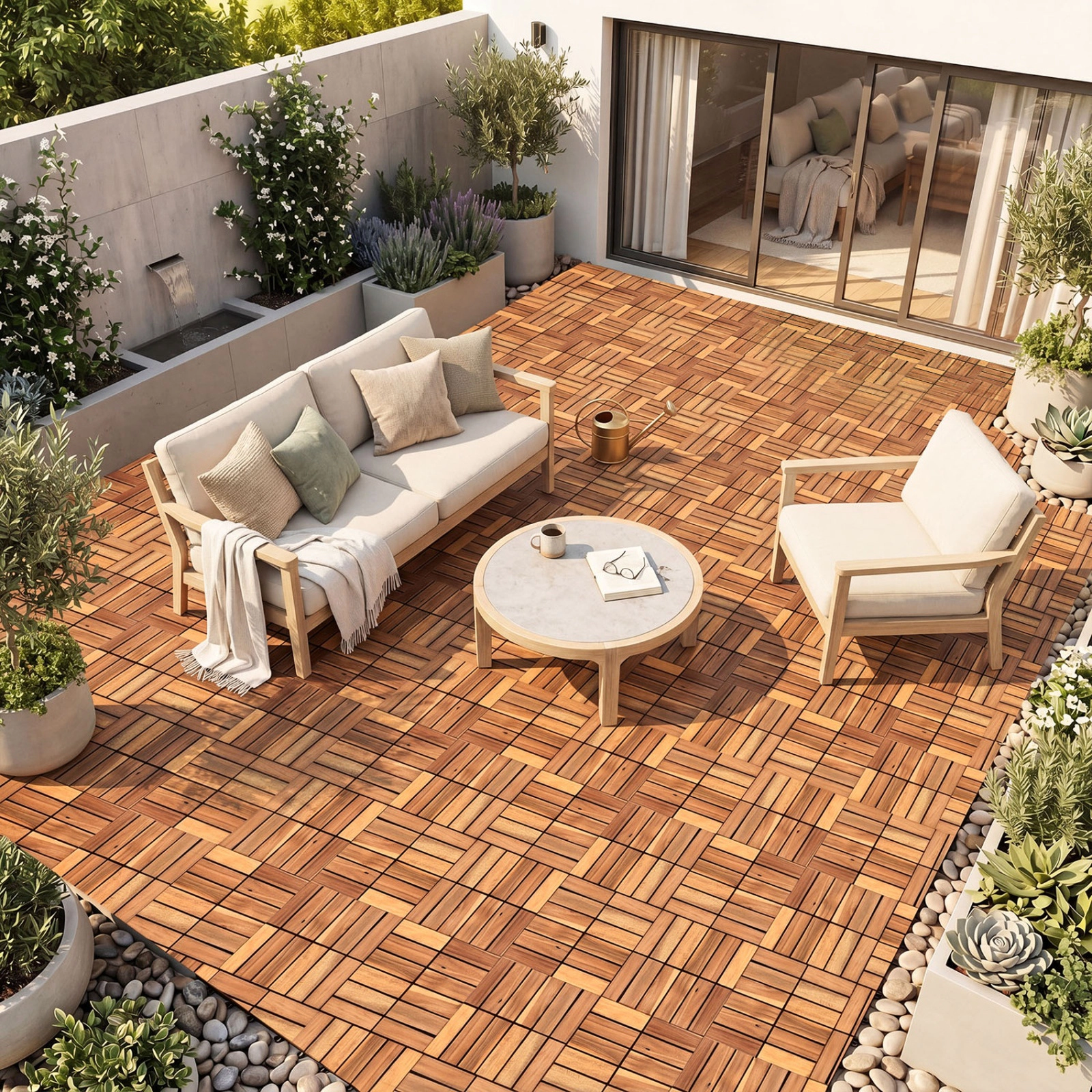 SUGIFT 27-Piece 12-in Natural Acacia Wood Interlocking Deck Tiles with Anti-Deformation PP Base
