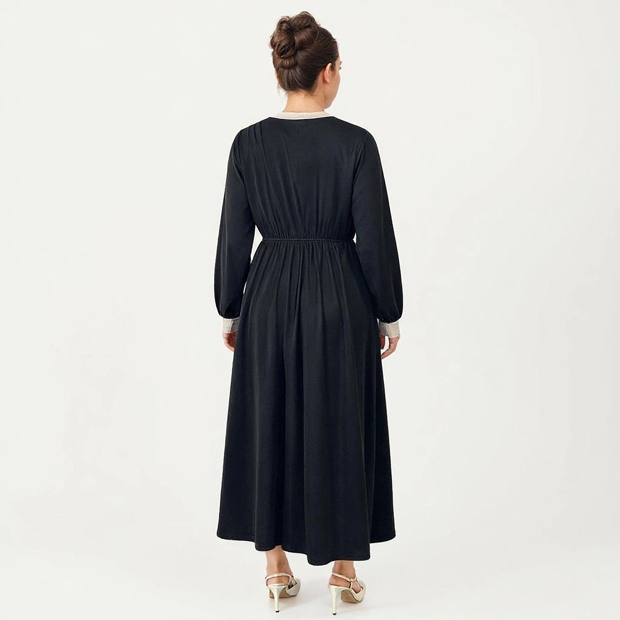 Anna-Kaci Women's Plus Long Sleeve Bow Neck Detail Gathered Waist Flowy Skirt Midi Dress