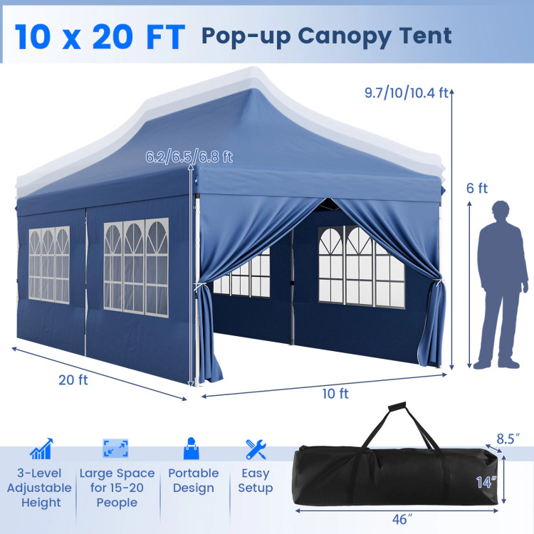 Hivvago 10 x 20 FT Pop up Canopy with 6 Sidewalls and Windows Carrying Bag for Party Wedding Picnic