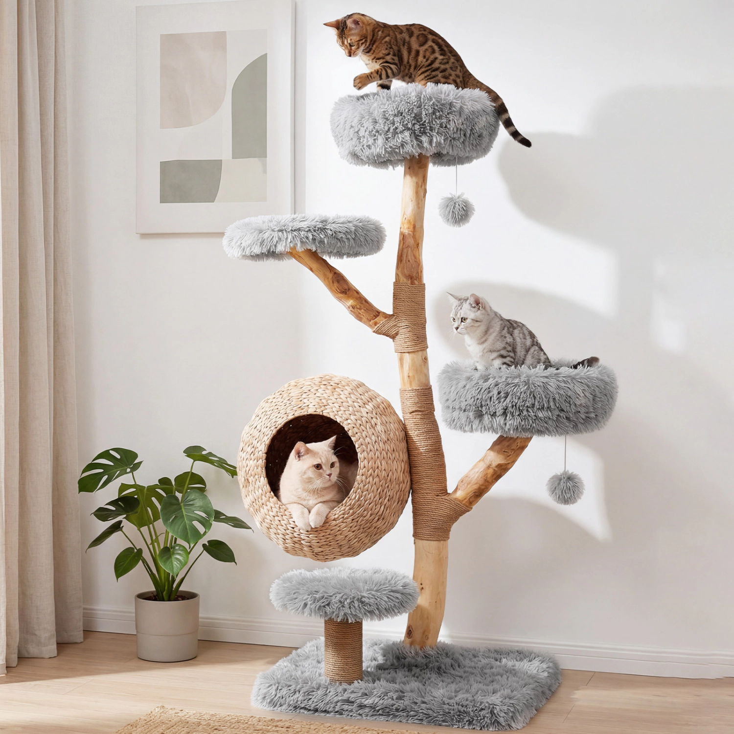 LJG 5-Tier Wooden Cat Tree with Woven Condo Plush Perches Jute Posts & Balls