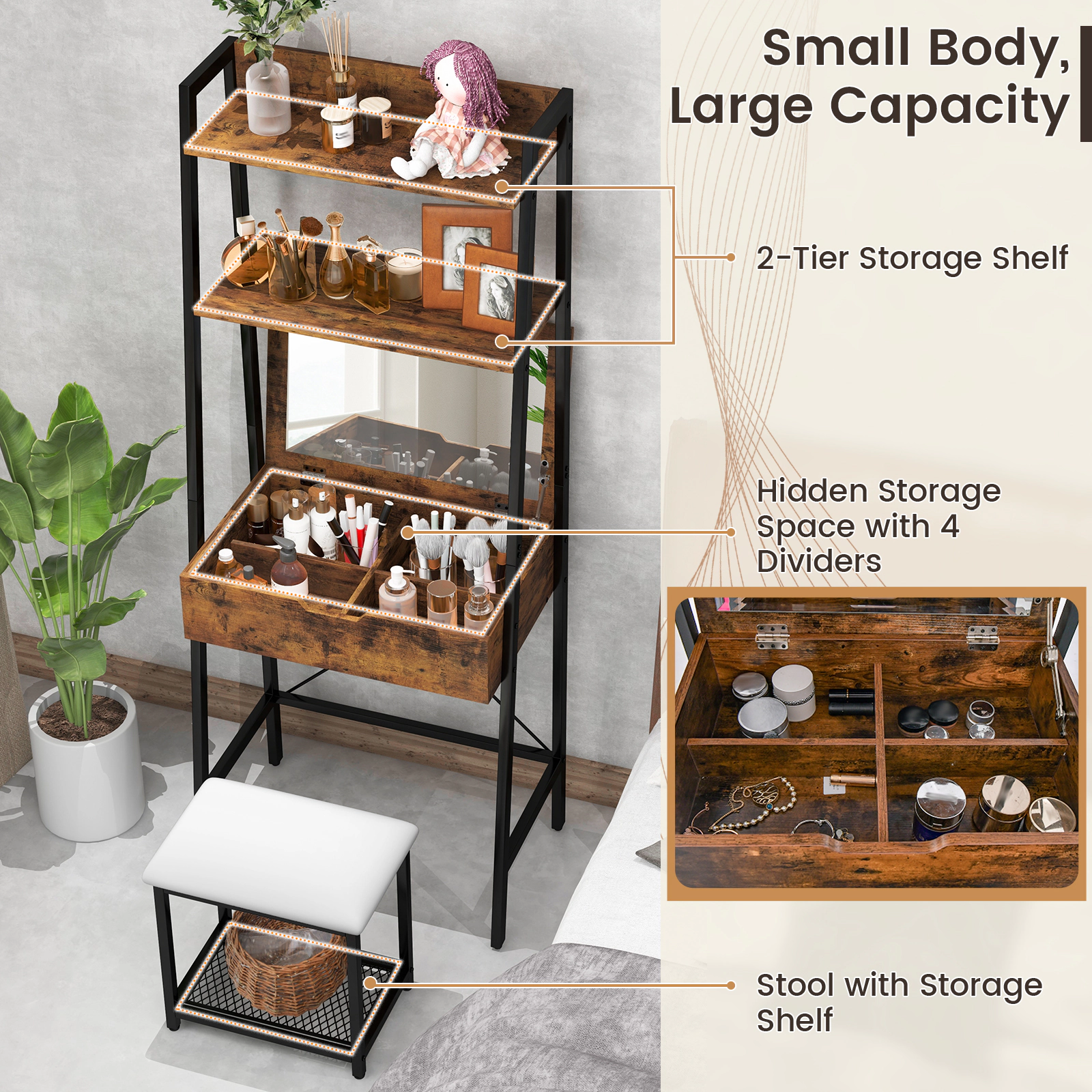 SUGIFT Ladder Vanity Desk Set with Flip Top Mirror and Cushioned Stool 88-Lb Top 330-Lb Stool Black Rustic Brown White