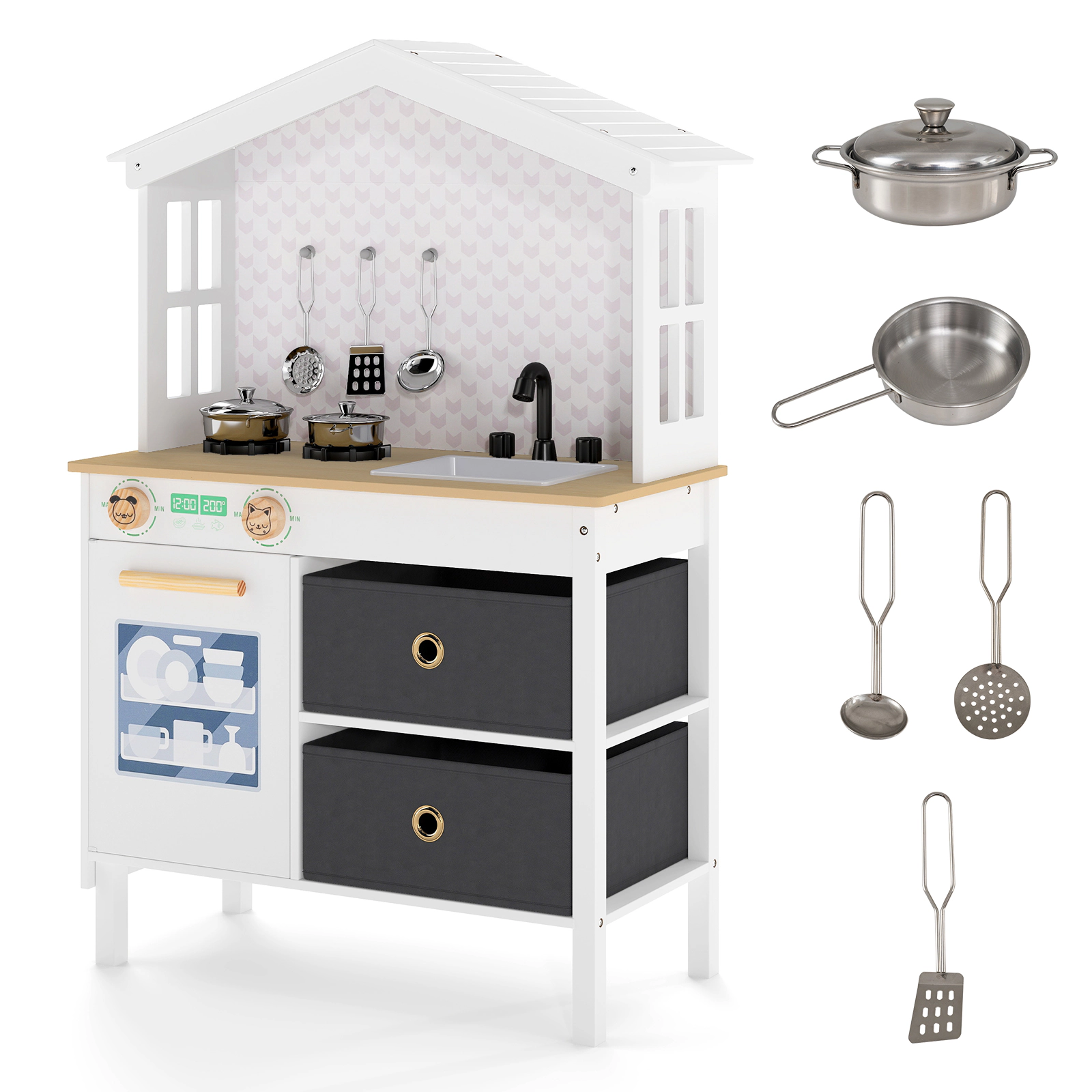SUGIFT Kids Play Kitchen Toy Playset with 2 Stoves and Rotation Handles 35-in Tall Ages 3-6 Pink/White