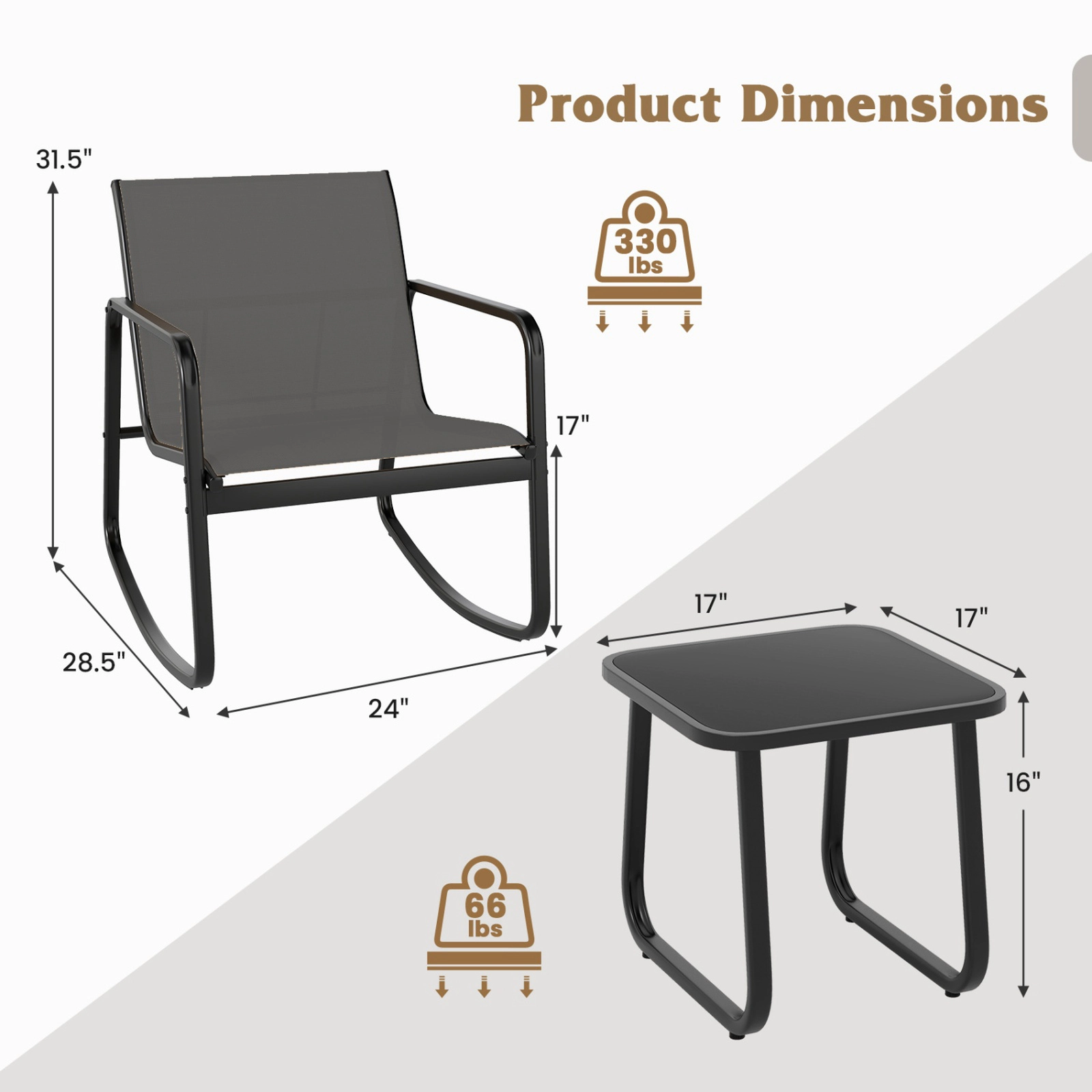 SUGIFT 3-Piece Gray Mesh Patio Rocking Chair Set with Two Rockers and 17-Inch Tempered Glass Table