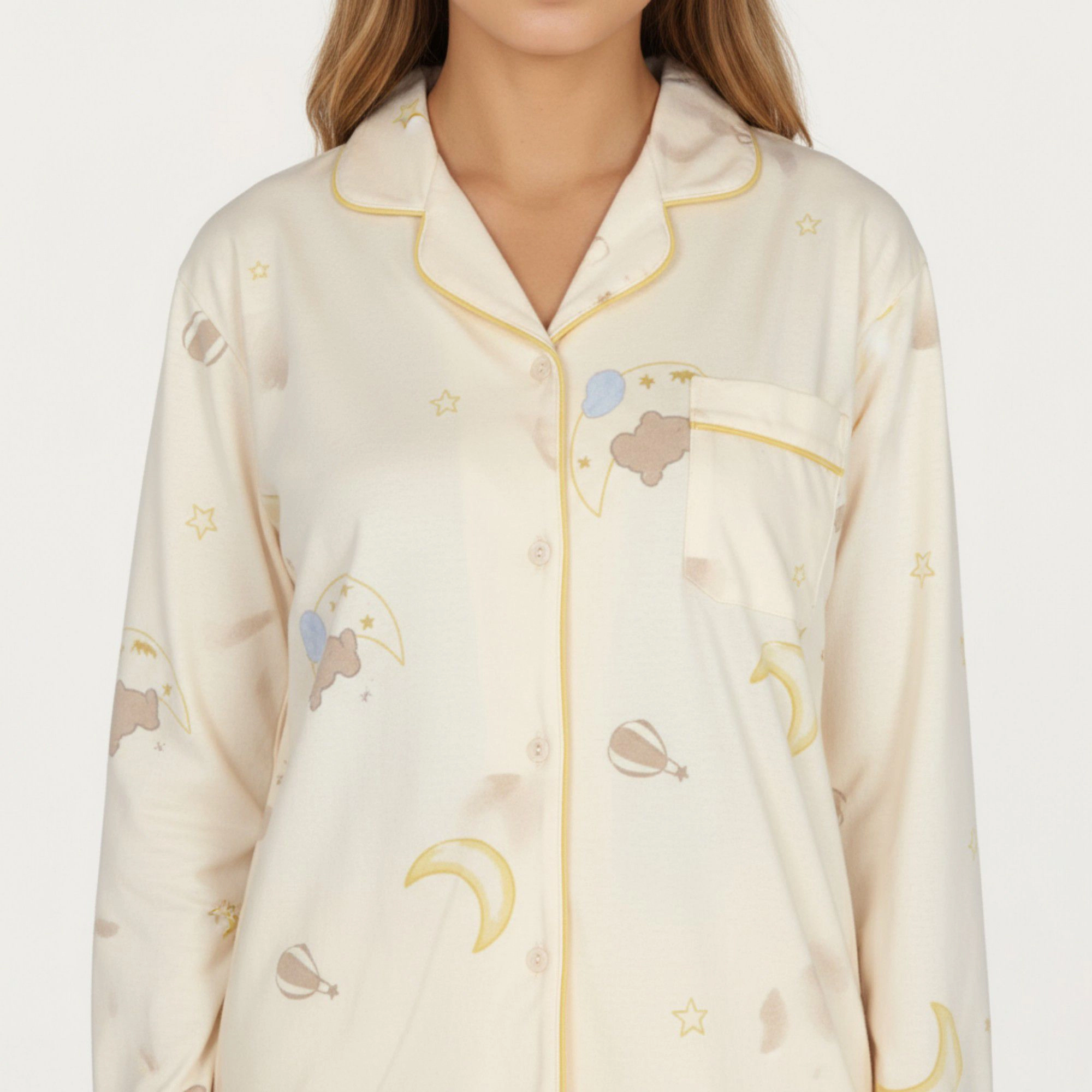 Anna-Kaci Women's 2-Piece Long Sleeve Button Front Top and Relaxed Fit Pants Pajama Set with Moon Star Print