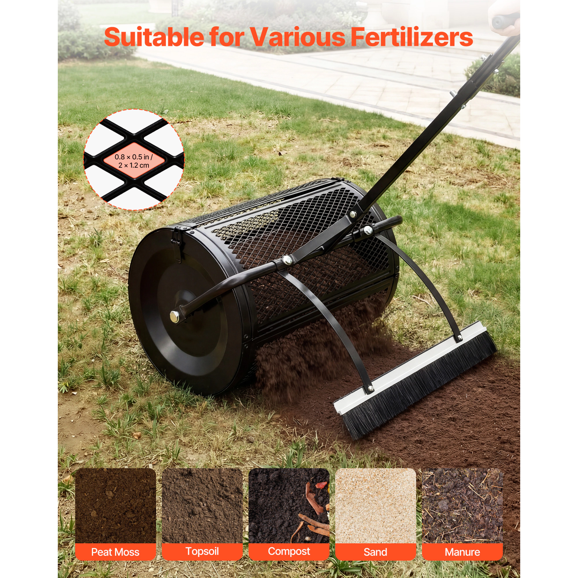 HONGGE Heavy Duty Compost Spreader Peat Moss Roller with Adjustable Handle Heights Powder-Coated Steel Garden Seeding