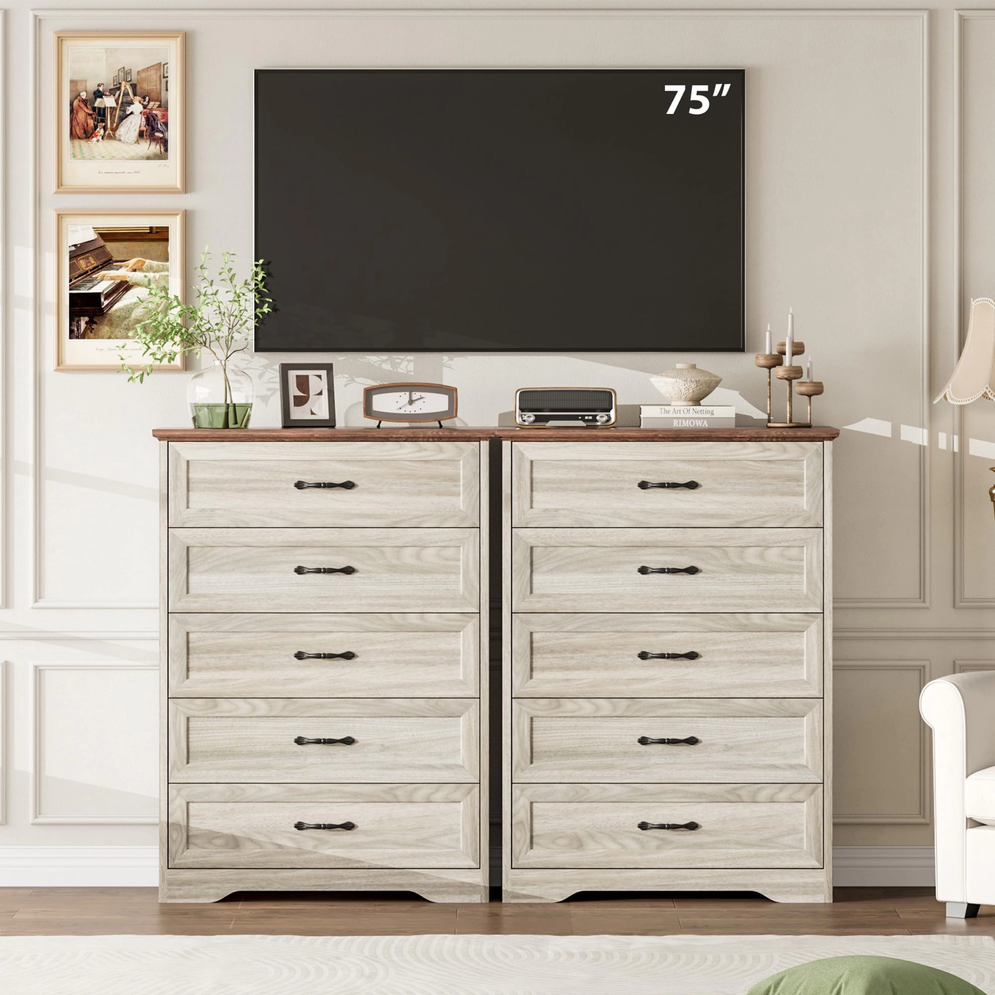 Farmhouse 5 Drawer Dresser with Metal Handles, 44" Tall Wooden Storage Cabinet for Bedroom Living Room