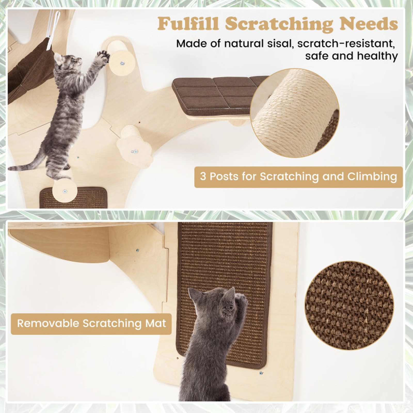 SUGIFT Wall-Mounted Plywood Cat Tower with Hammock, Perches and Scratching Mat 33-lb Capacity Natural+Brown