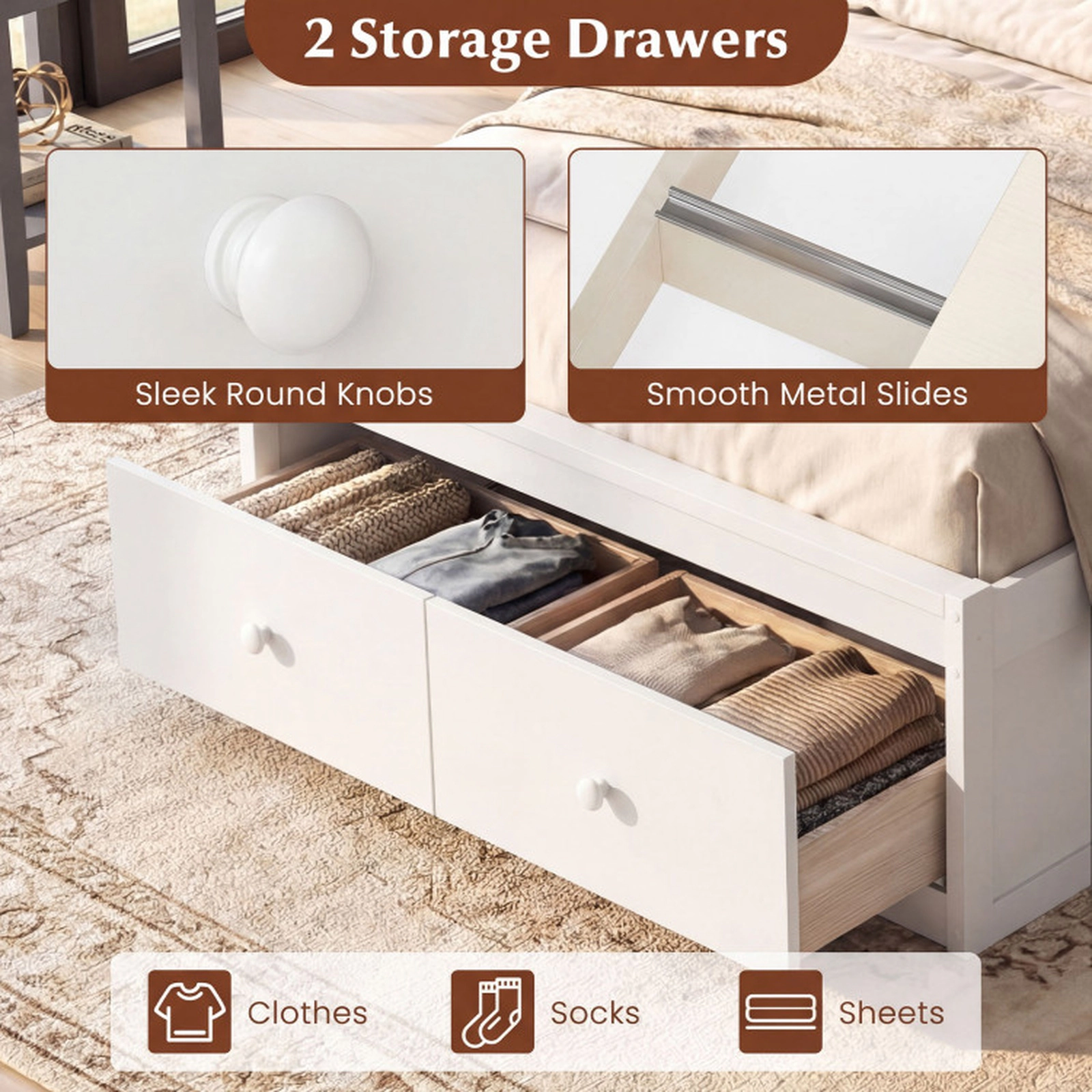 SUGIFT 2 Storage Drawers and Panel Headboard Twin Size Wooden Bed Frame