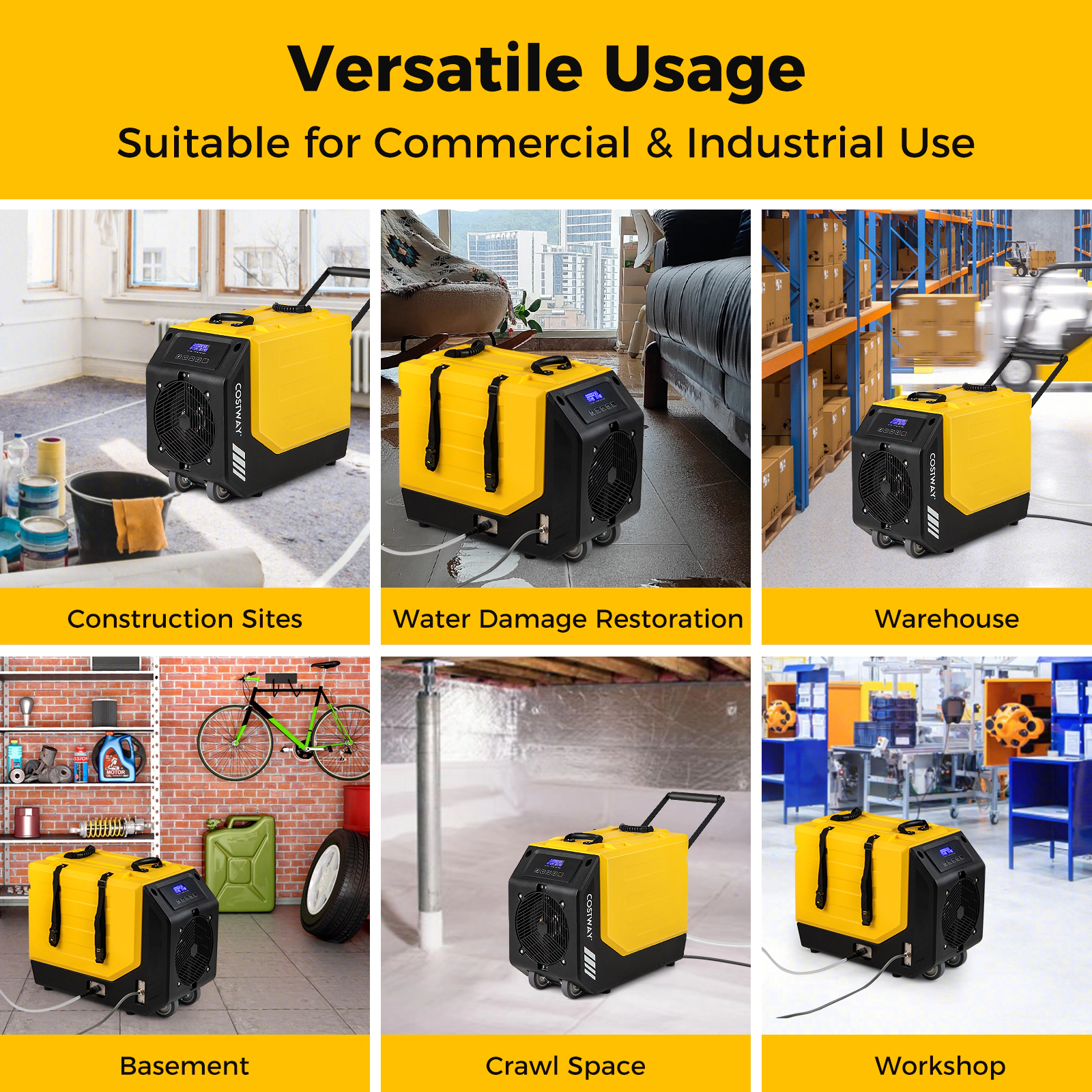 SUGIFT Yellow 9000-Sq-Ft 190-Pint Commercial Dehumidifier with Pump and 2 Wheels 24.5-in W 14-in D 20-in H