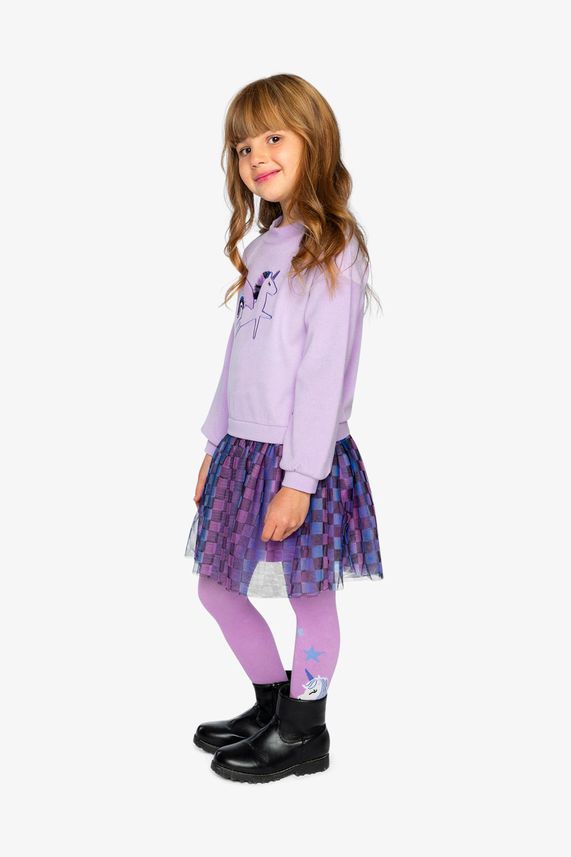 Deux par Girls Unicorn Embroidered Bi-Material Dress