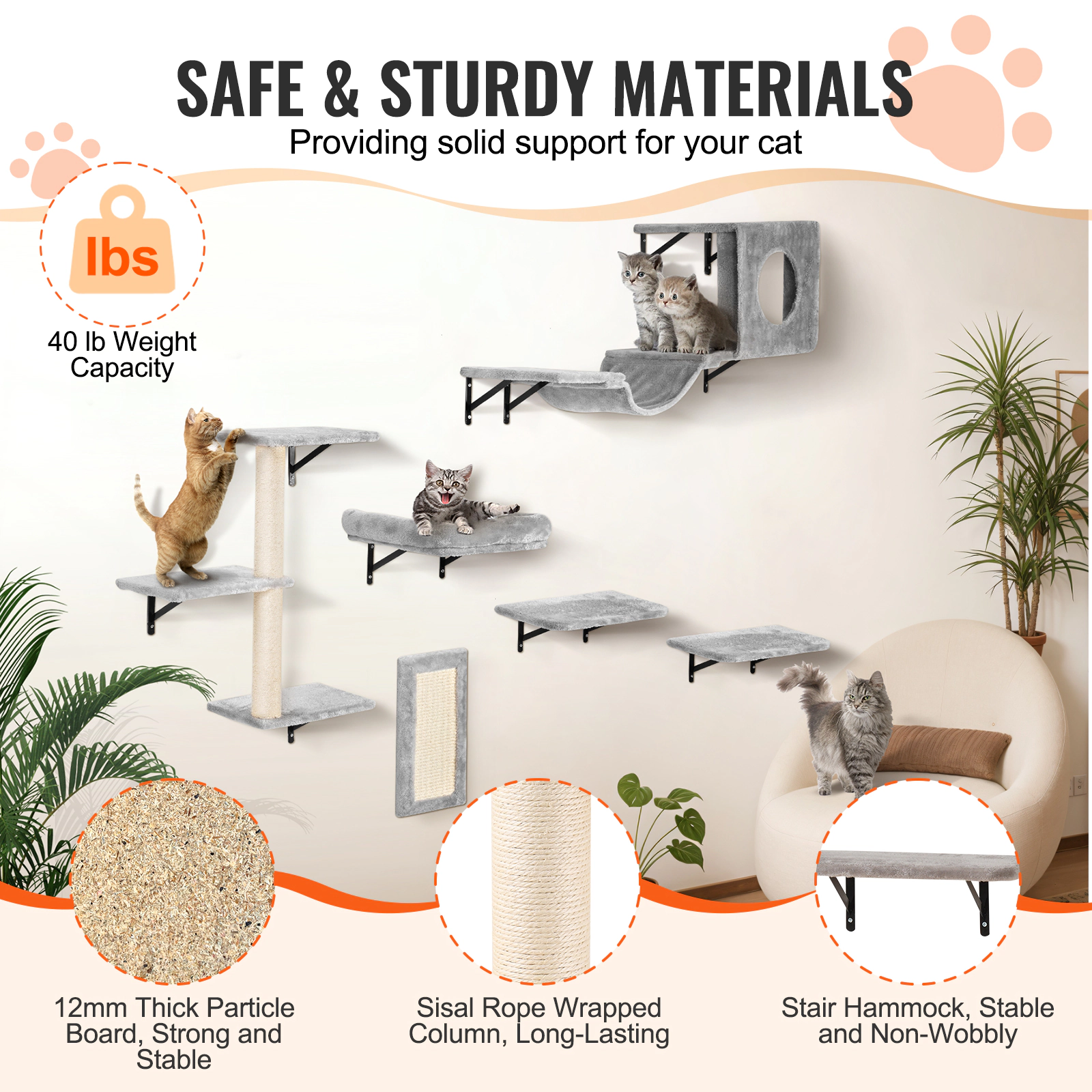 HONGGE Wall Mounted Cat Shelves, Shelves and Perches with Jumping Boards, Tree