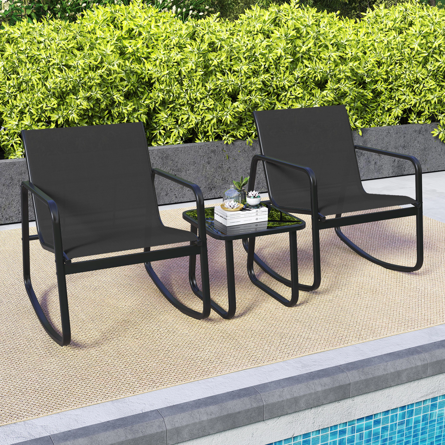 LJG 2 Rocking Bistro Chairs and Glass-Top Table for Porch Yard Balcony
