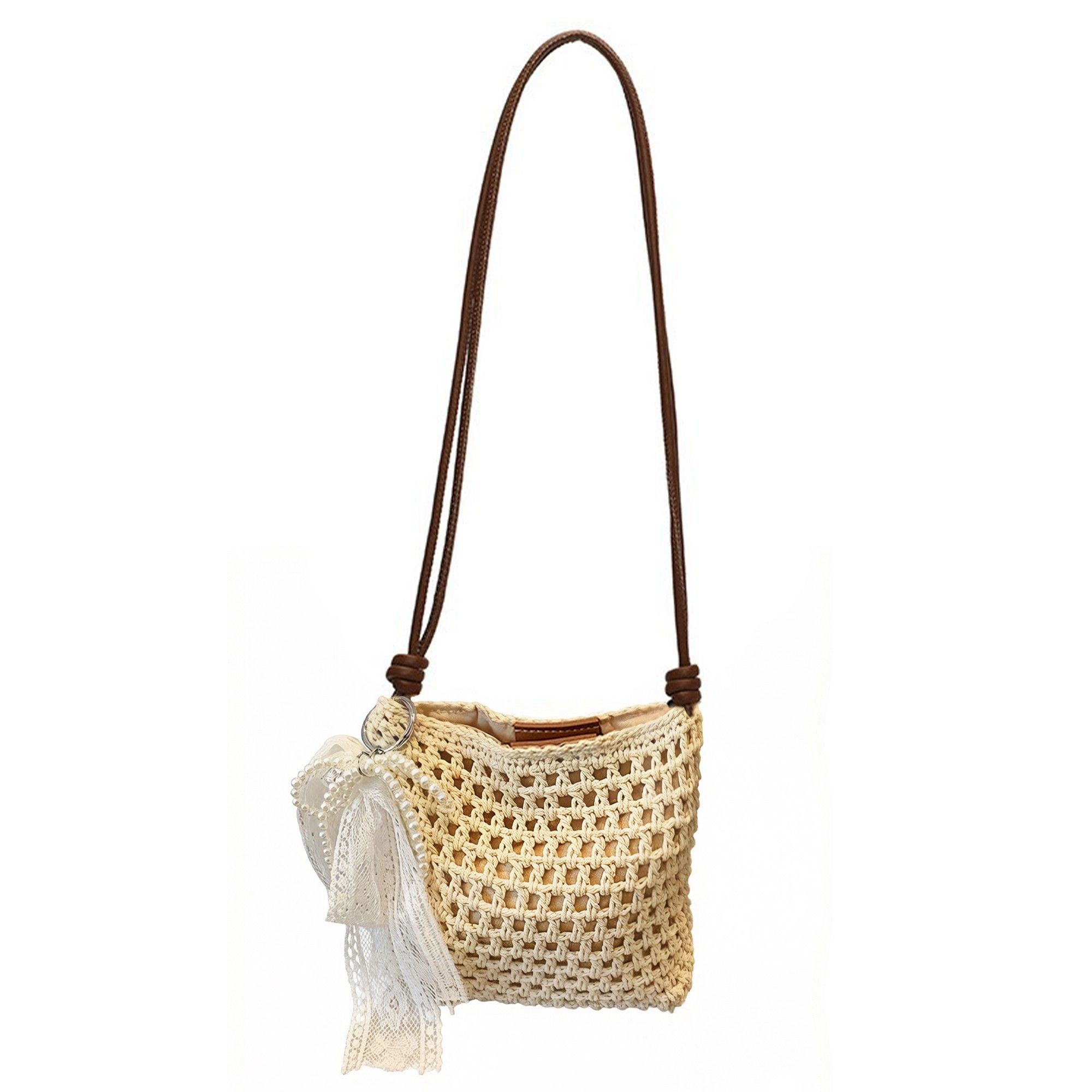 Alilang Women's Crochet Crossbody Bag with Lace Bow Detail Lightweight Knit Shoulder Bag Small Casual Handbag