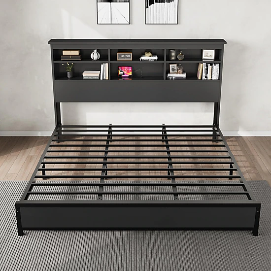 King Size Platform Bed Frame with Bookcase Headboard, Storage Shelves ...