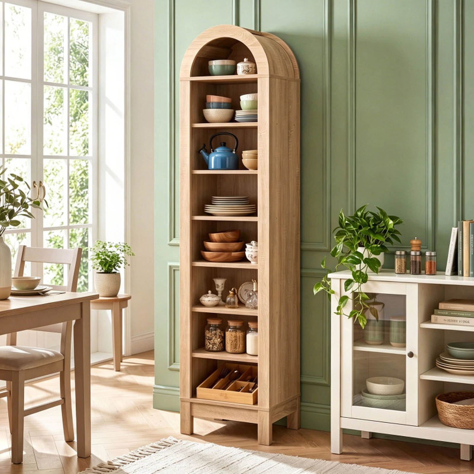 SUGIFT 8-Tier Modern Arch Bookshelf with 3 Adjustable Shelves 55-lb Per Shelf Capacity 71-in Tall Natural