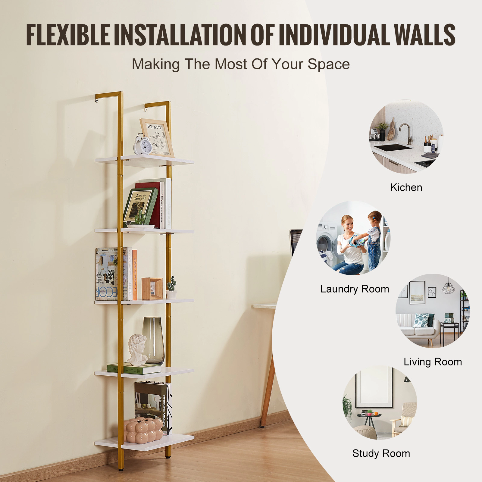 HONGGE 5-Tier Wall-Mounted Ladder Shelf, Gold Metal Frame & Wood Boards, 15.6 x 11.8 In, 50 lb Per Shelf