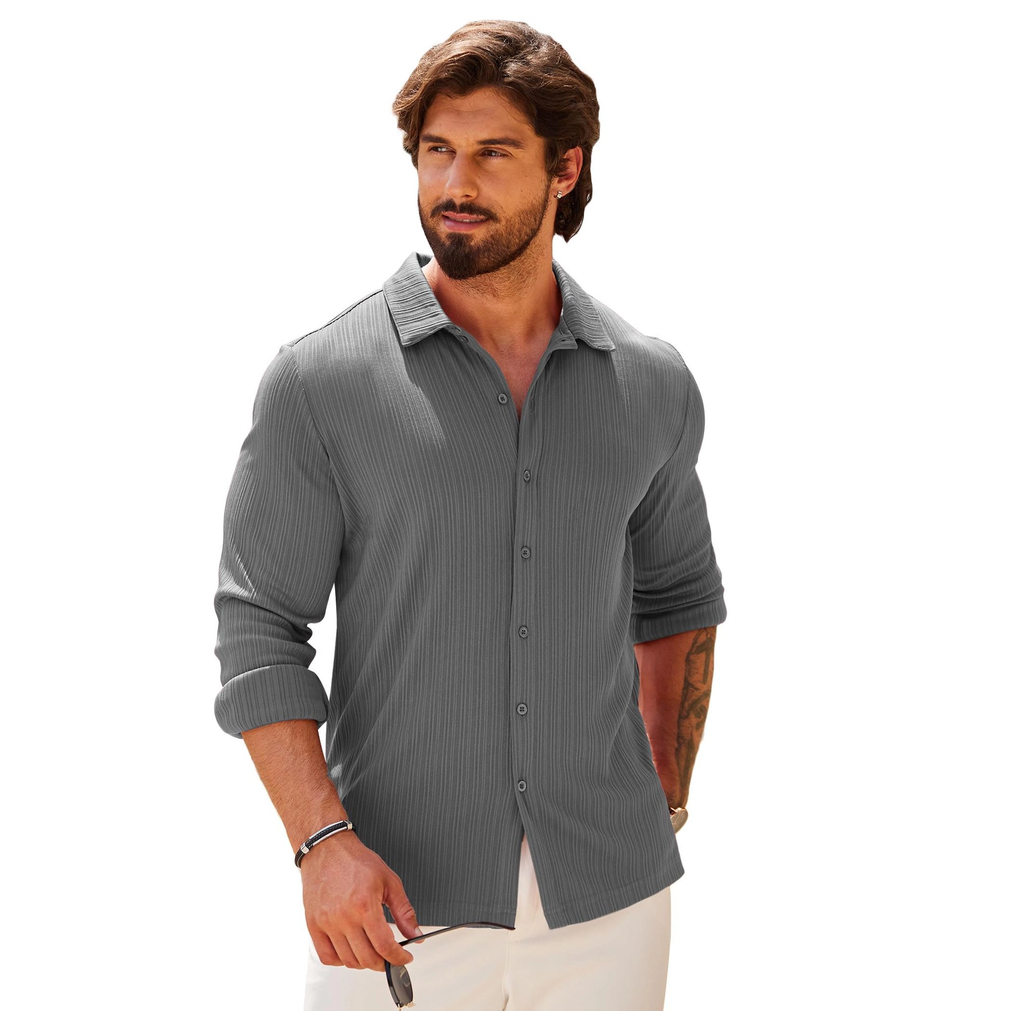 COOFANDY Mens Long Sleeve Button Down Shirts Fall Pleated Lapel Collar Casual Tops