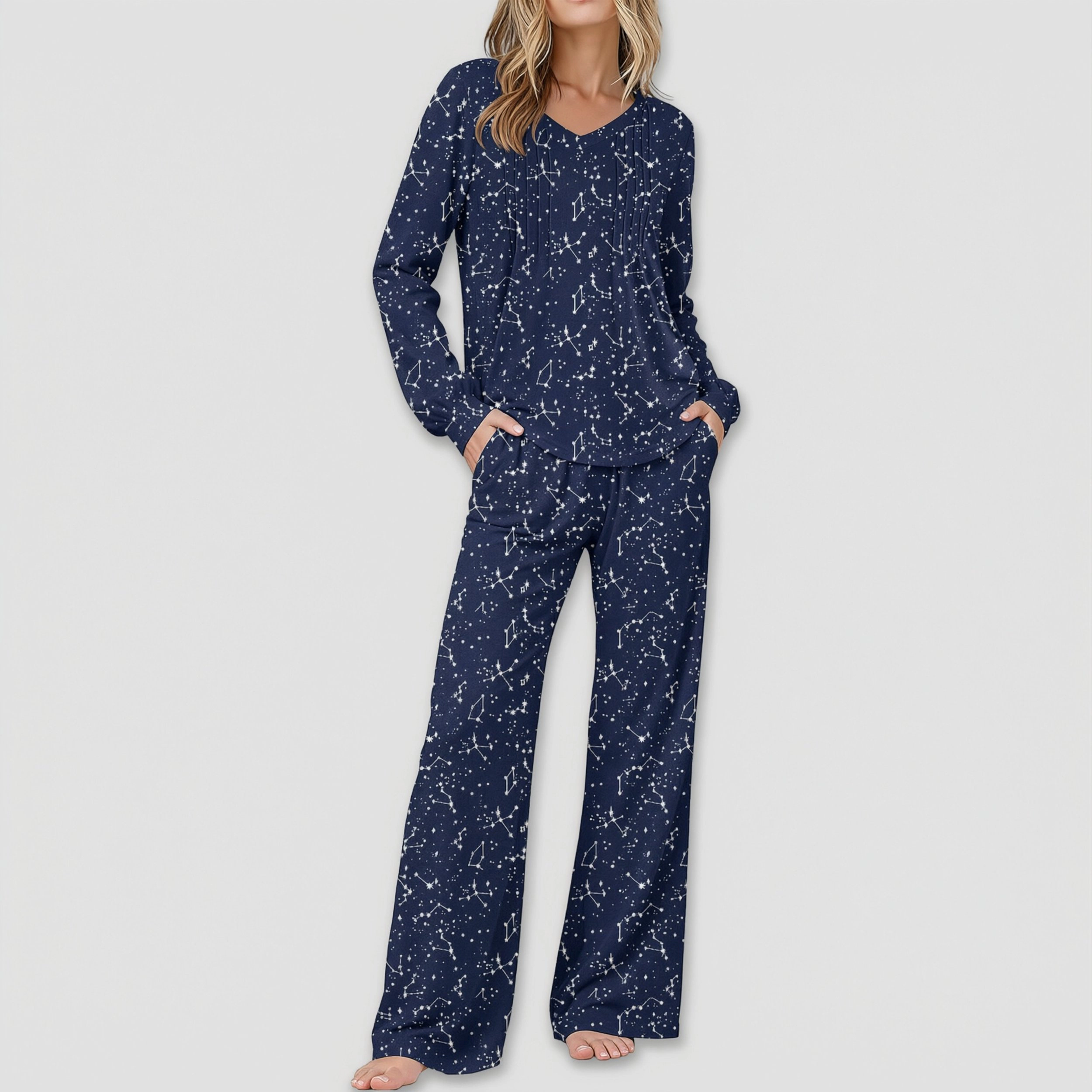 Ekouaer Womens Pajama Set Long Sleeve Sleepwear Nightwear V Neck Pajamas Lounge Sets with Pockets