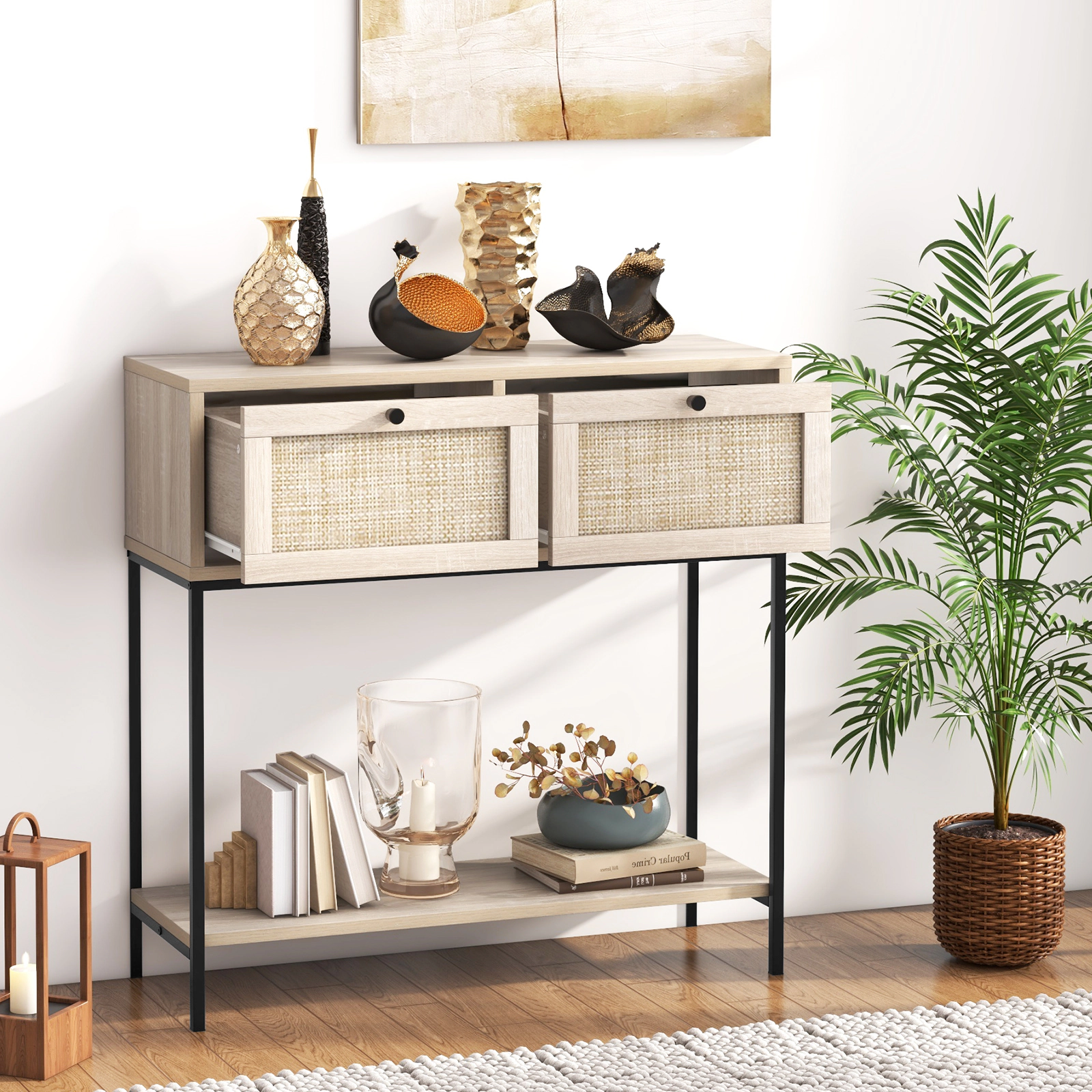 SUGIFT 31.5-in 132-lb Capacity Oak Boho Rattan Console Entryway Table with 2 Drawers and Open Storage Shelf