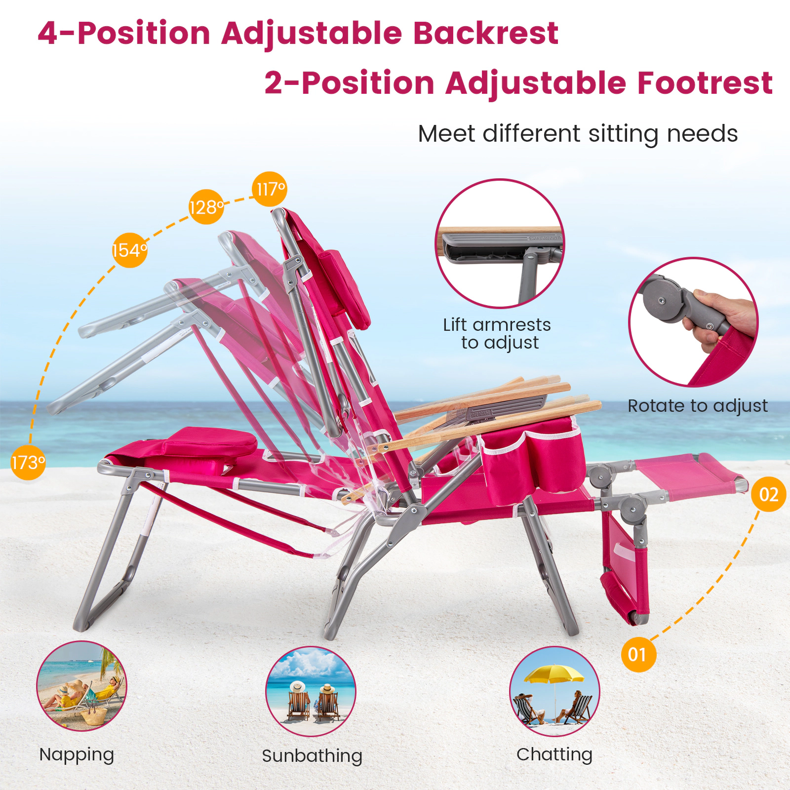 SUGIFT 3-in-1 Foldable Beach Chair Peach with Face Hole Footrest and Adjustable Backrest