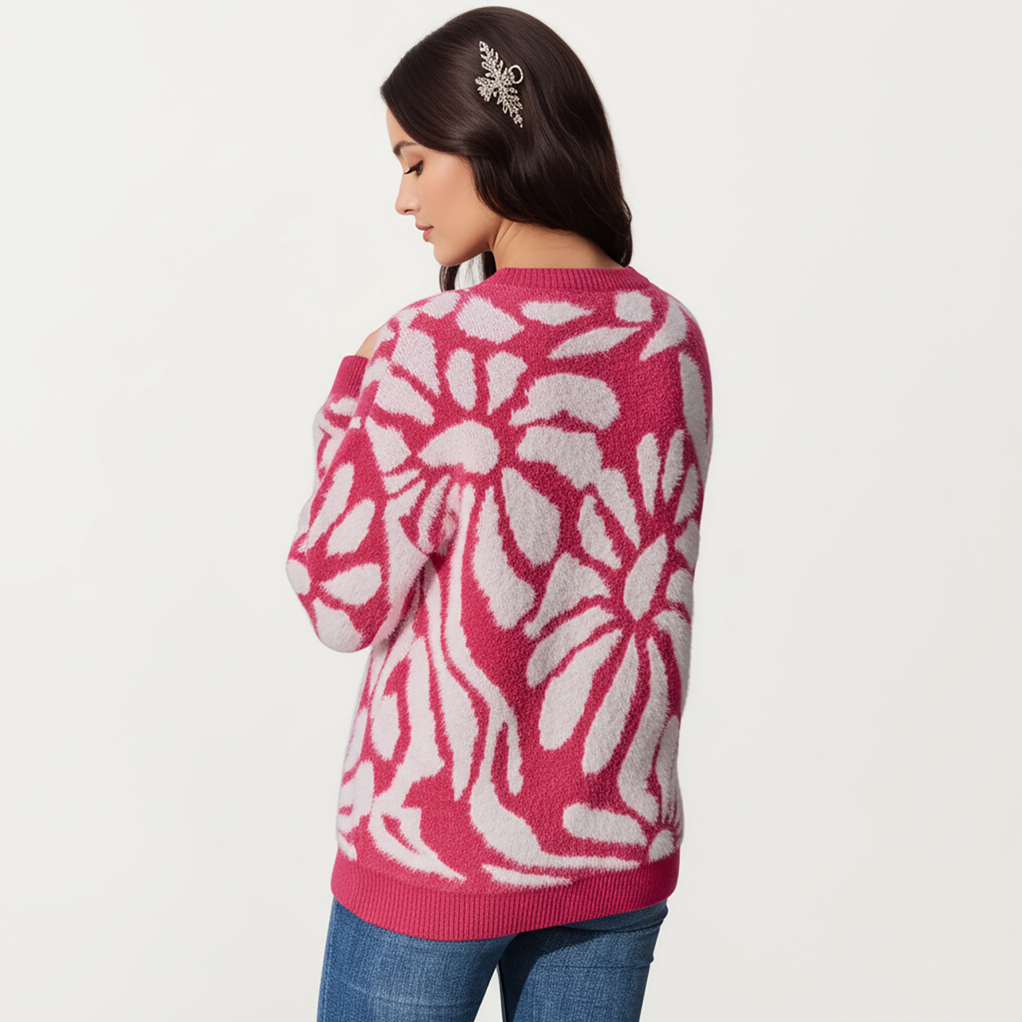 Anna-Kaci Women's Bold Abstract Floral Pattern Knit Sweater with Soft Textured Feel Ribbed Crew Neckline