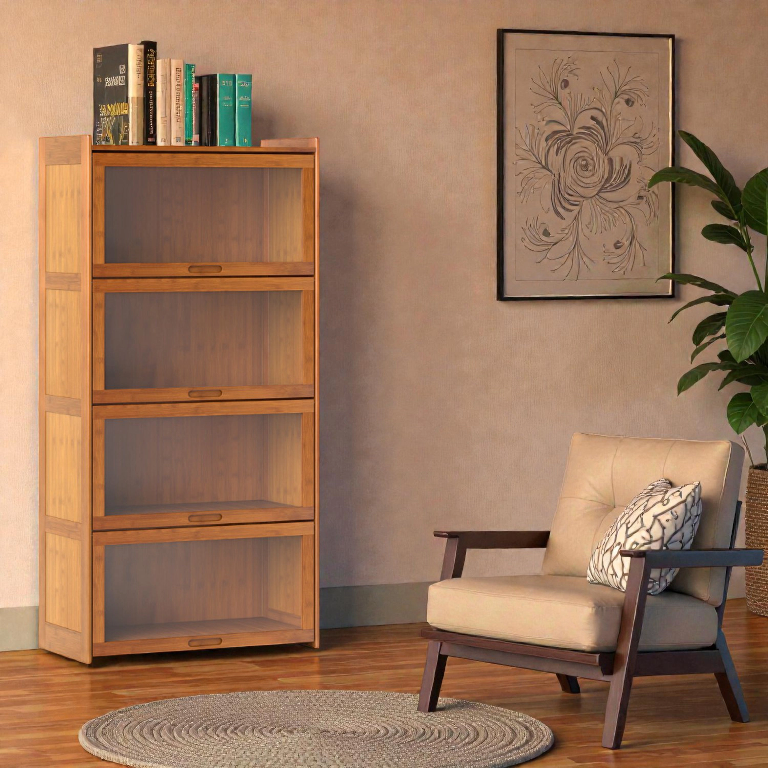 Hivvago Natural Bamboo 4-Tier Display Bookshelf with Enclosed Cabinet