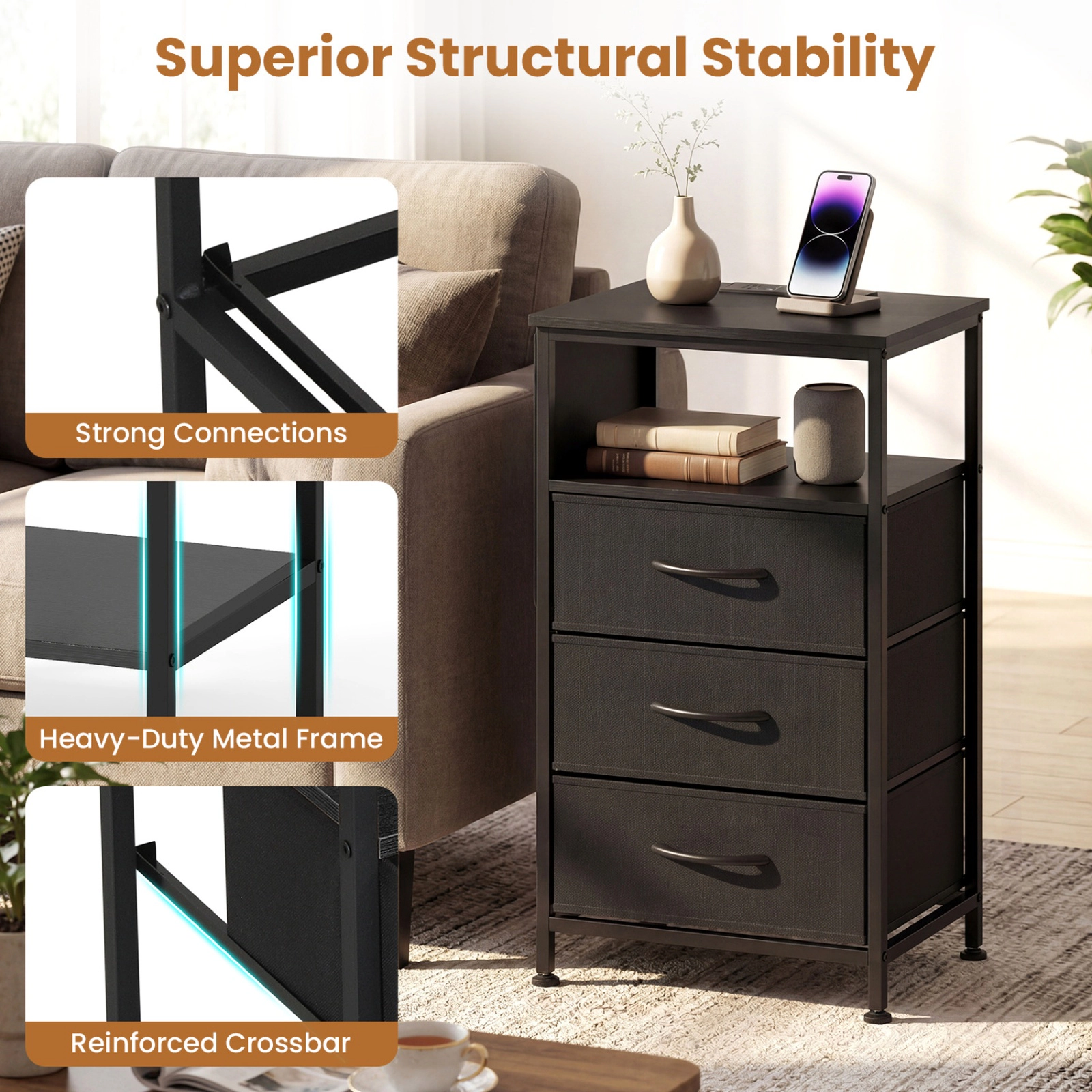 SUGIFT 27.5-Inch Black Metal Nightstand with 3 Folding Fabric Drawers and Charging Station
