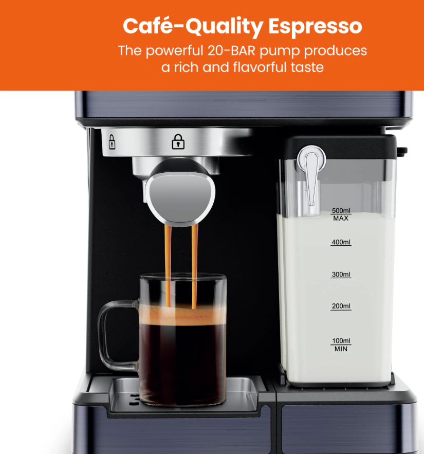 Chefman 20-Bar, 2-Cup Black Stainless Espresso Machine