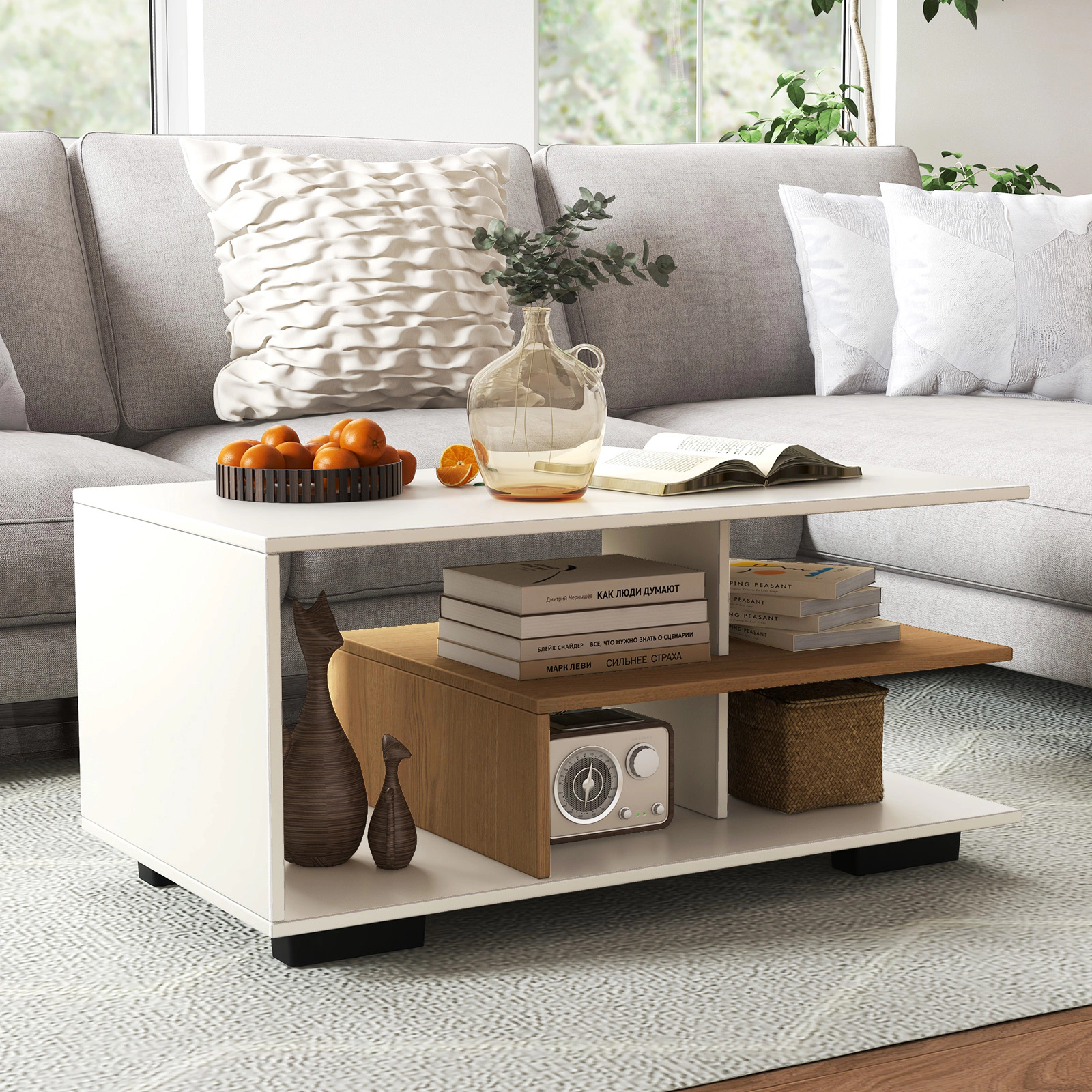 Glintex 3-Tier 35.5-Inch Coffee Table with L-Shaped Middle Shelf, Natural + White
