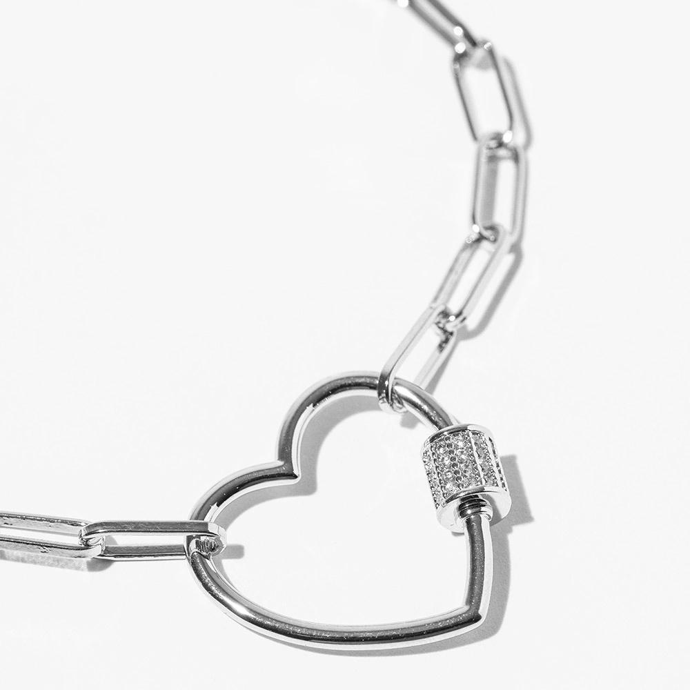 FASHNZFAB White Gold Dipped CZ Stone Paved Open Heart Carabiner Charm Link Chain Magnetic Bracelet - Clear, Rhodium