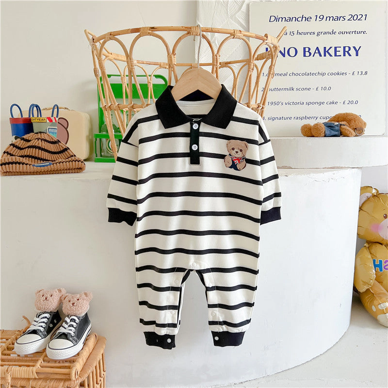 MyKids-USA Baby Cartoon Bear Print & Striped Pattern Polo Neck Long Sleeve Romper