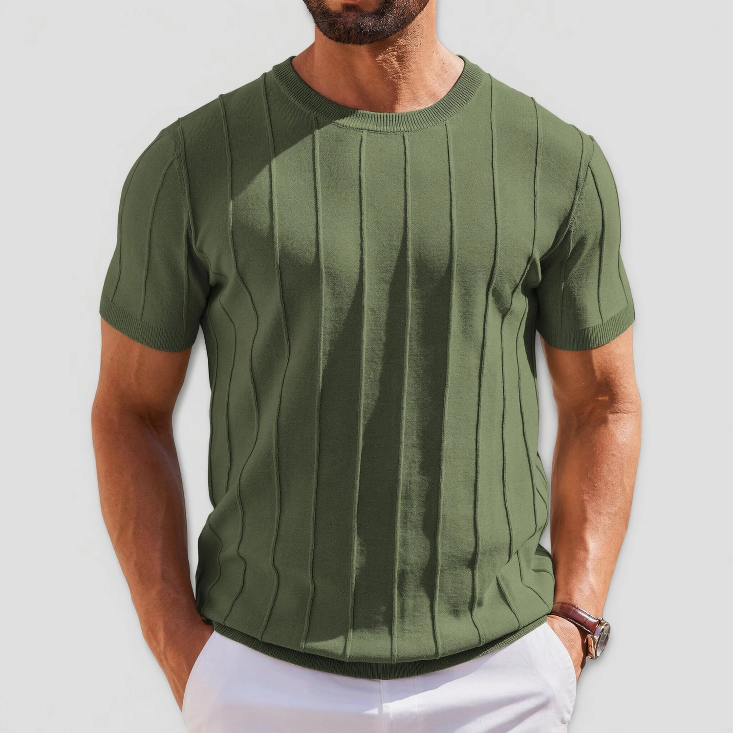 COOFANDY Mens Short Sleeve Crew Neck Tee Vertical Ribbed Stripe Casual  Tops