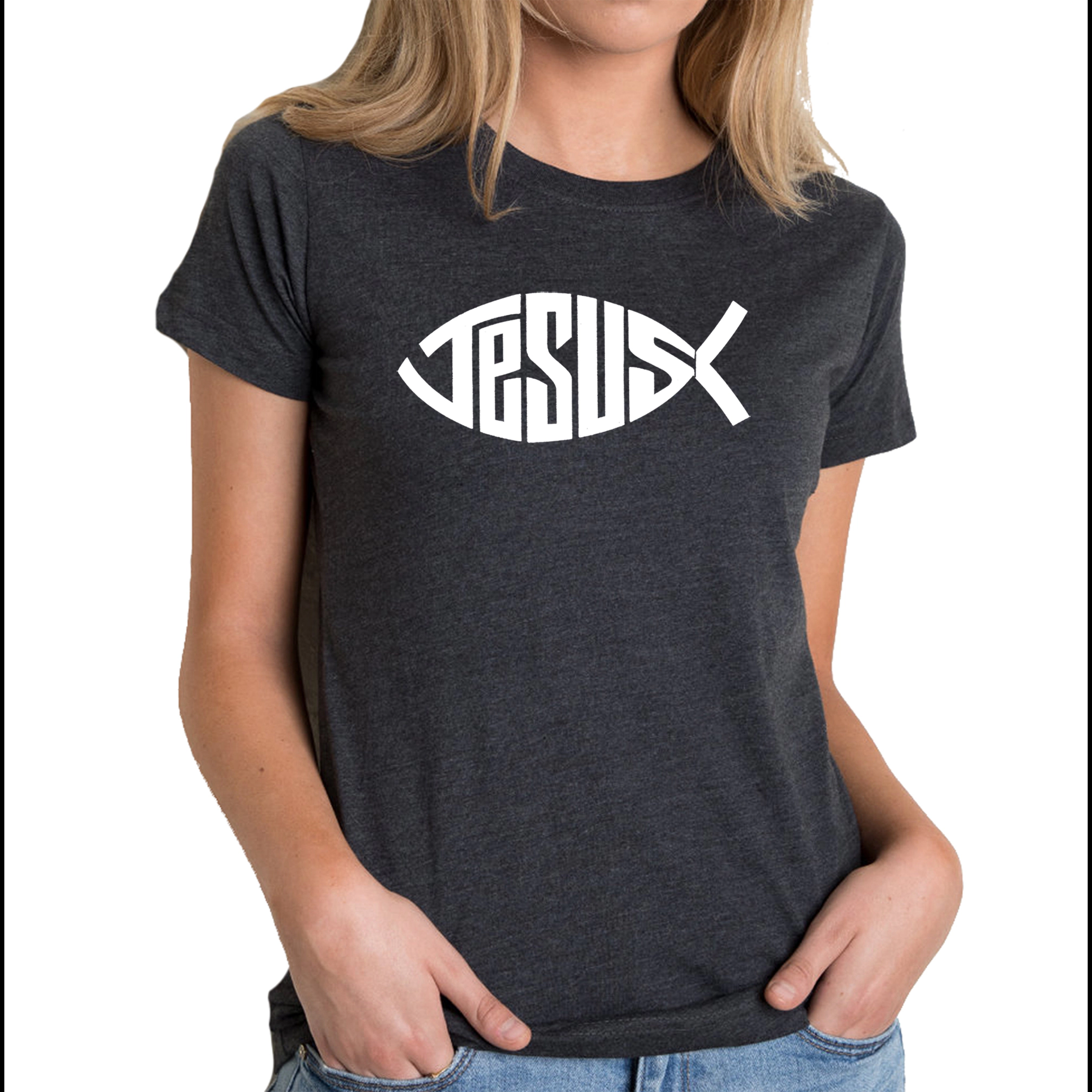 LA Pop Art Women's Cotton/Poly Blend Word TShirt - Christian Jesus Name Fish Symbol