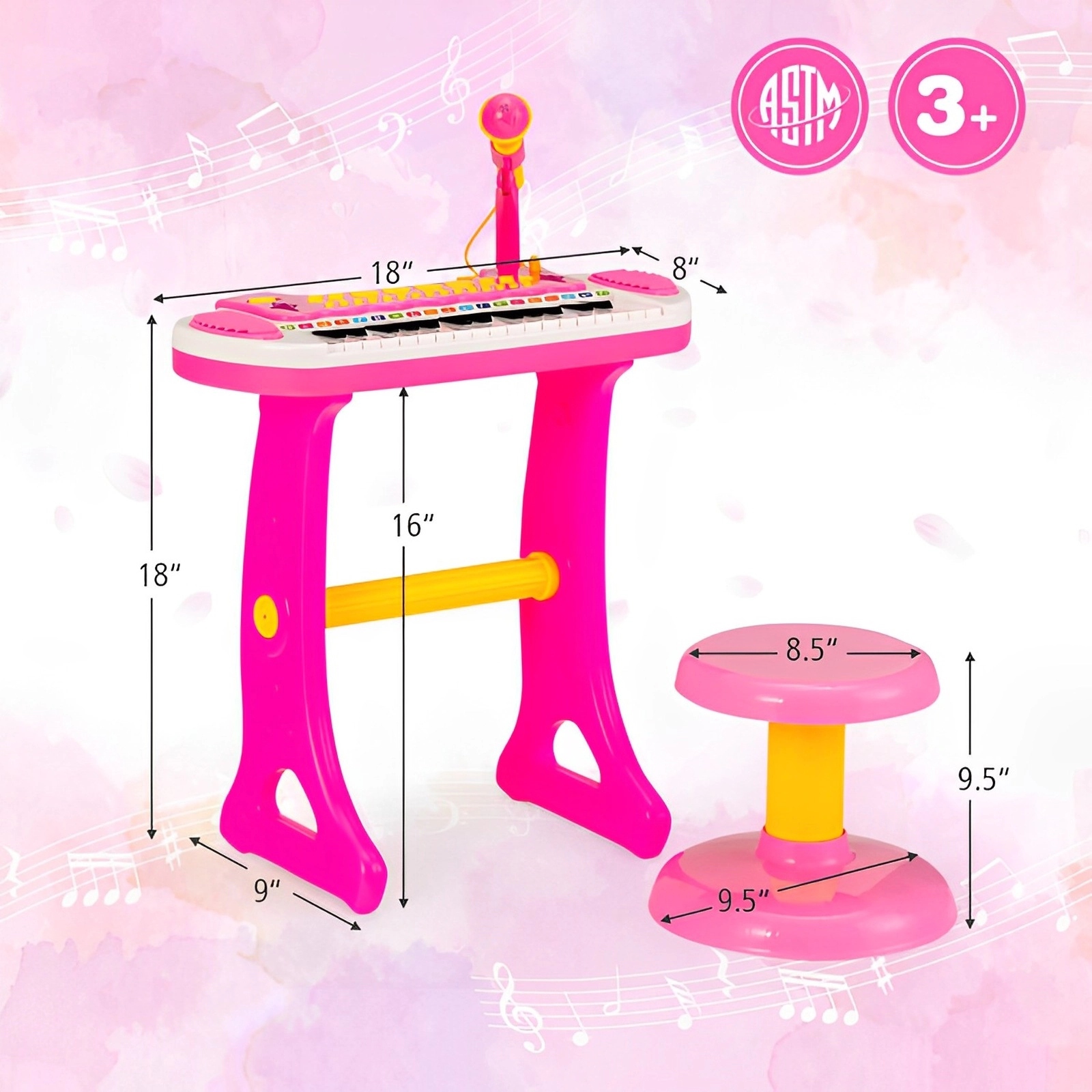 SUGIFT Kids 31-Key Piano Keyboard Toy Adjustable Microphone Stool 22 Demo Songs 8 Tones 18 x 9 x 18-in Ages 3+ Pink