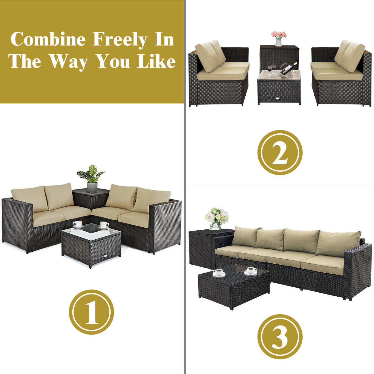 SUGIFT 4-Piece Brown Rattan Patio Set with Loveseat, Glass Coffee Table and Storage Table
