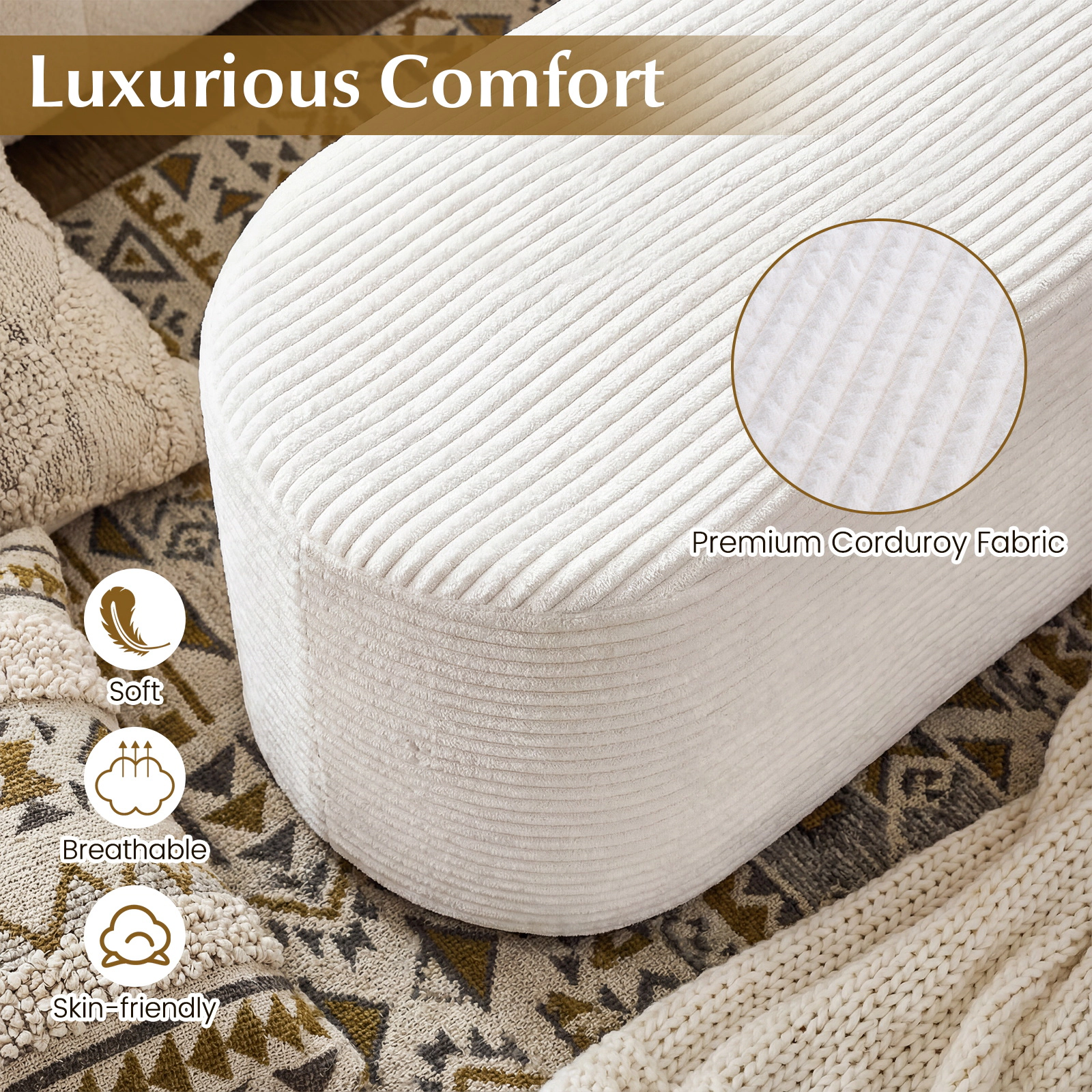 Glintex 47-Inch Oval Corduroy Ottoman Bench with Detachable Cover, Ivory