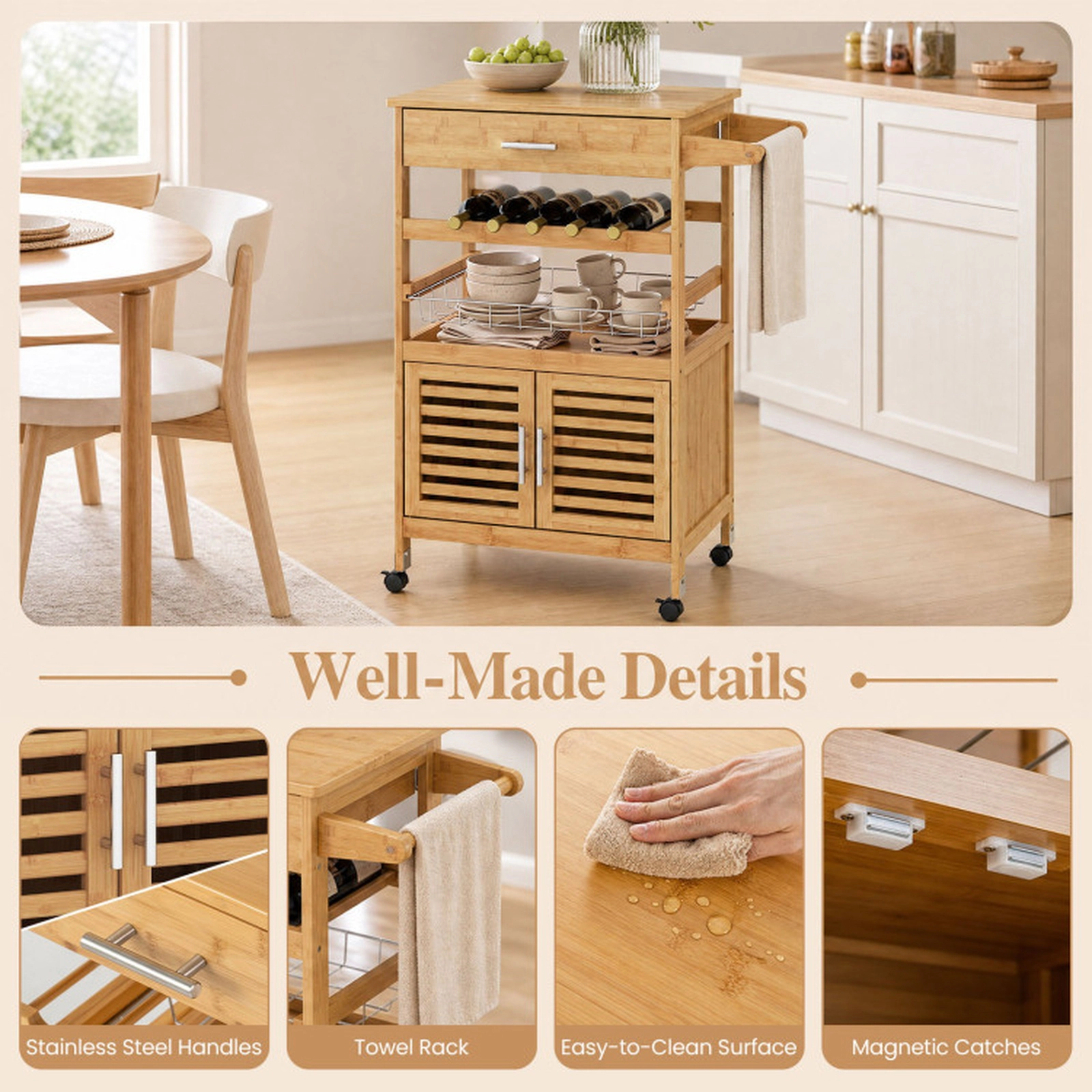 SUGIFT Bamboo Rolling Kitchen Island Trolley Cabinet Drawer Wine Rack 66-lb Top Capacity 27 x 14.5 x 35-in Natural