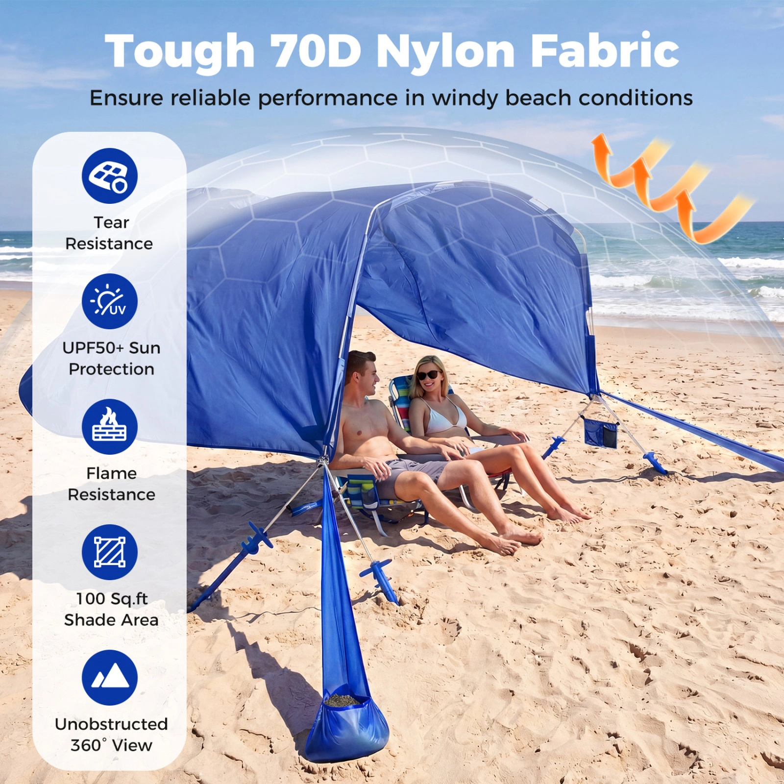 SUGIFT Navy Wind Powered Beach Sun Shelter Canopy with Aluminum Pole and 4 Sand Anchors 10-ft W 6.5-ft D 6.5-ft H