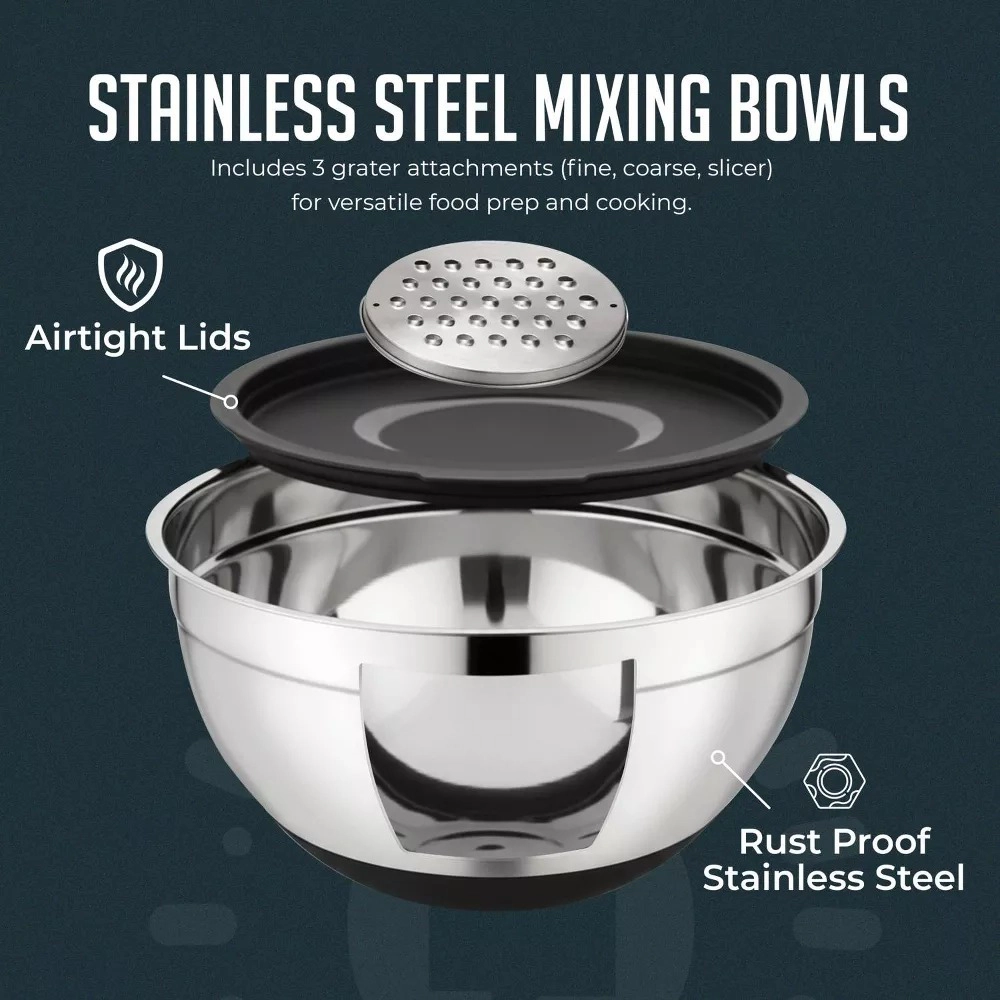 Luminuxe 12 Piece Kitchen Mixing & Measuring Set, Stainless Steel Mixing Bowl with Lids and Nesting Magnetic Spoons