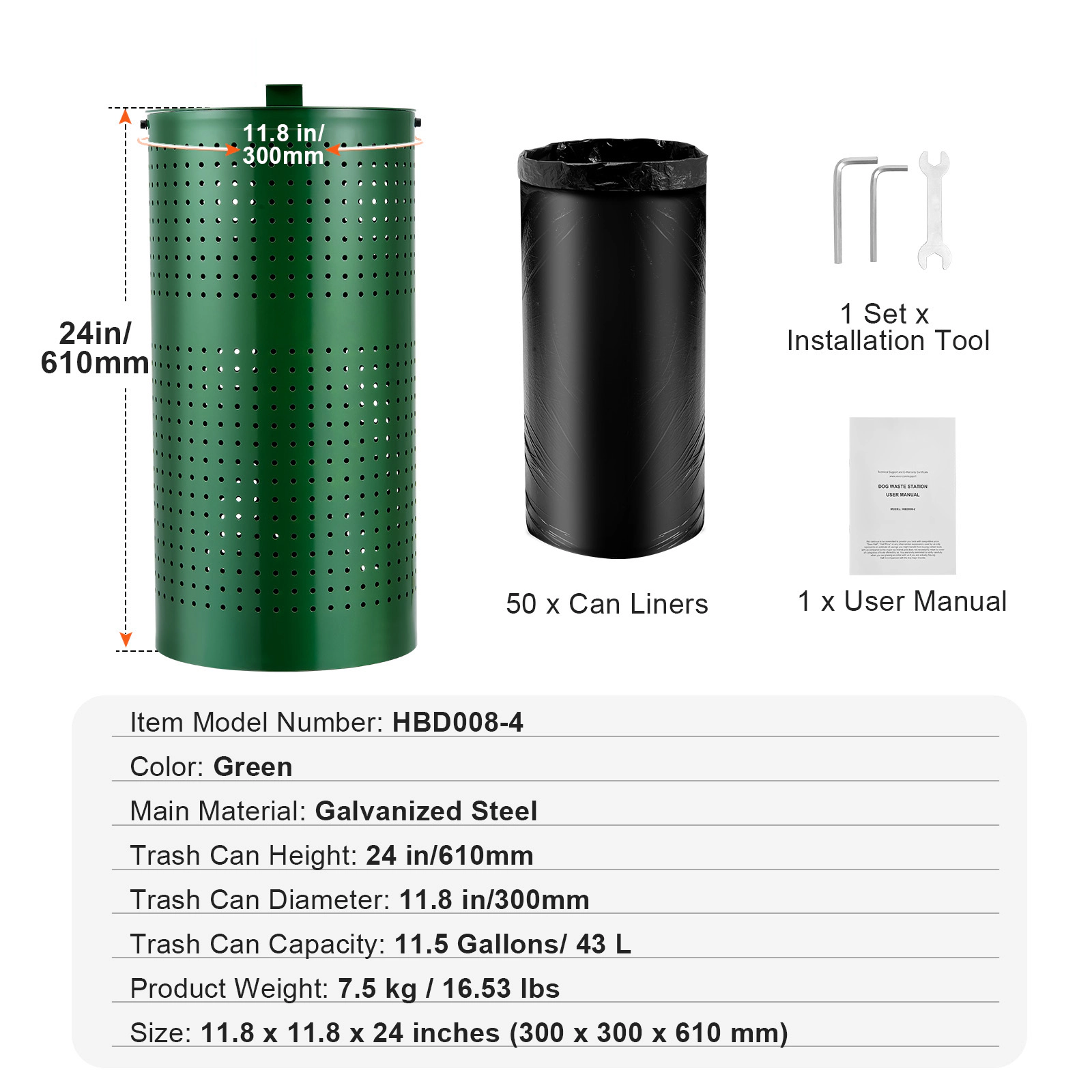 HONGGE Dog Waste Station with Commercial Poop Bin, 11.5 Gallons, 50 Can Liners