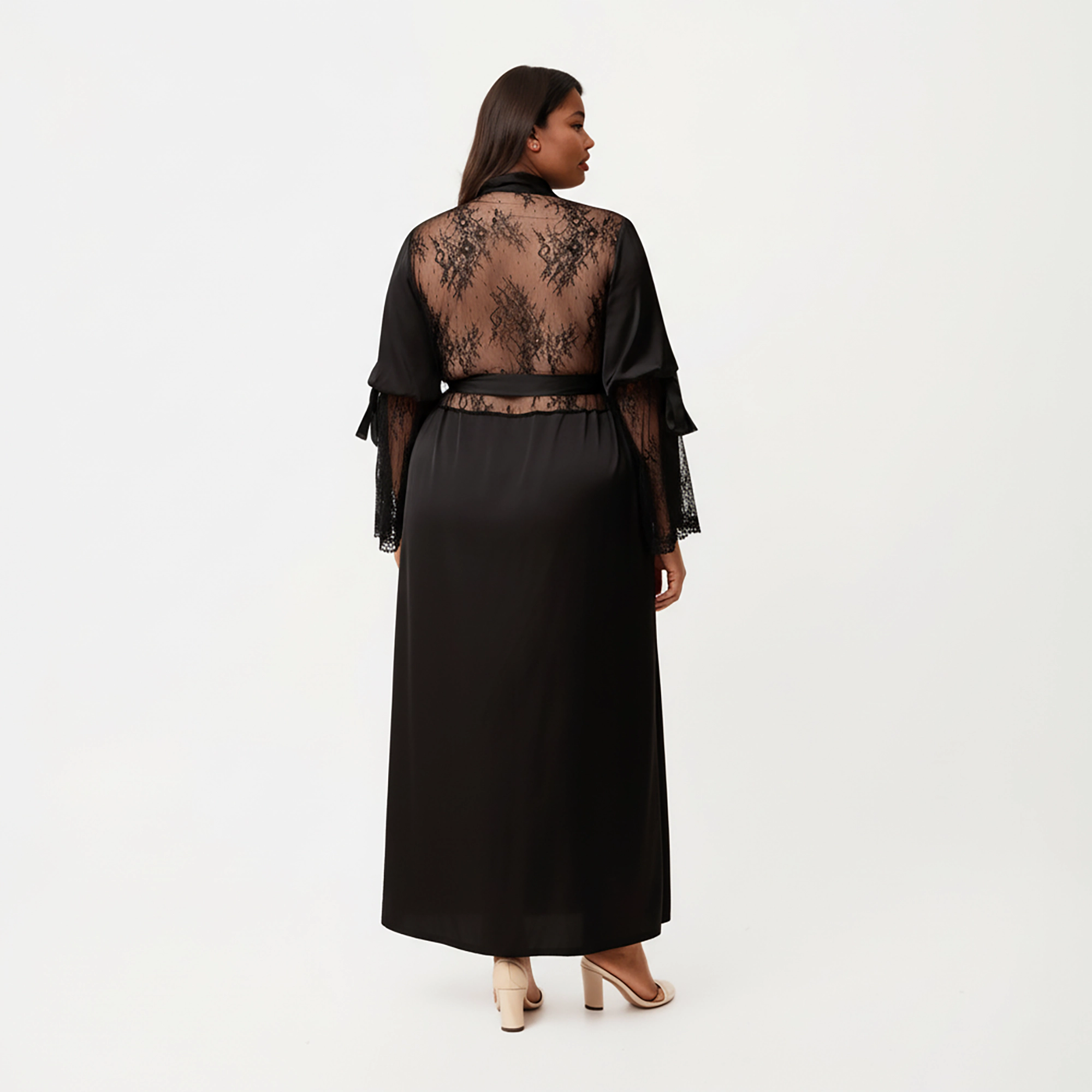Anna-Kaci Women's Plus Long Satin Robe Sheer Lace Sleeve Panels and Adjustable Tie Waist for a Flowing Silhouette