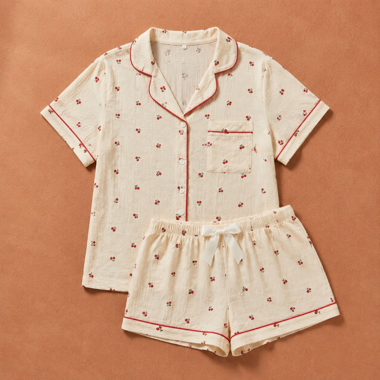 WZK Womens 2-Piece Soft Stretch Lapel Short Sleeve Print Bow Pajama Lounge Set