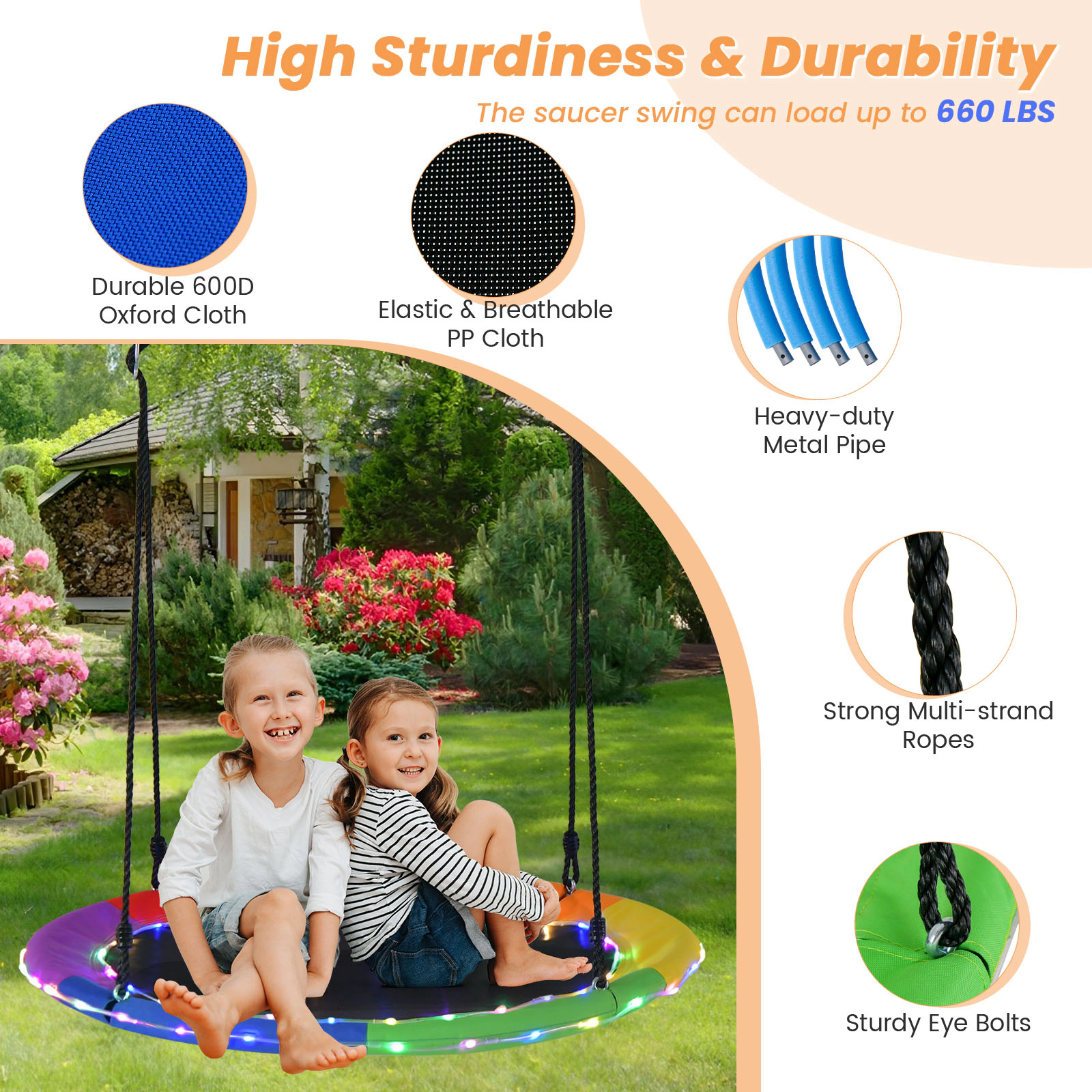 SUGIFT 40-in Round Saucer Tree Swing with LED Lights 660-lb Capacity Ages 3+ Multicolor Blue