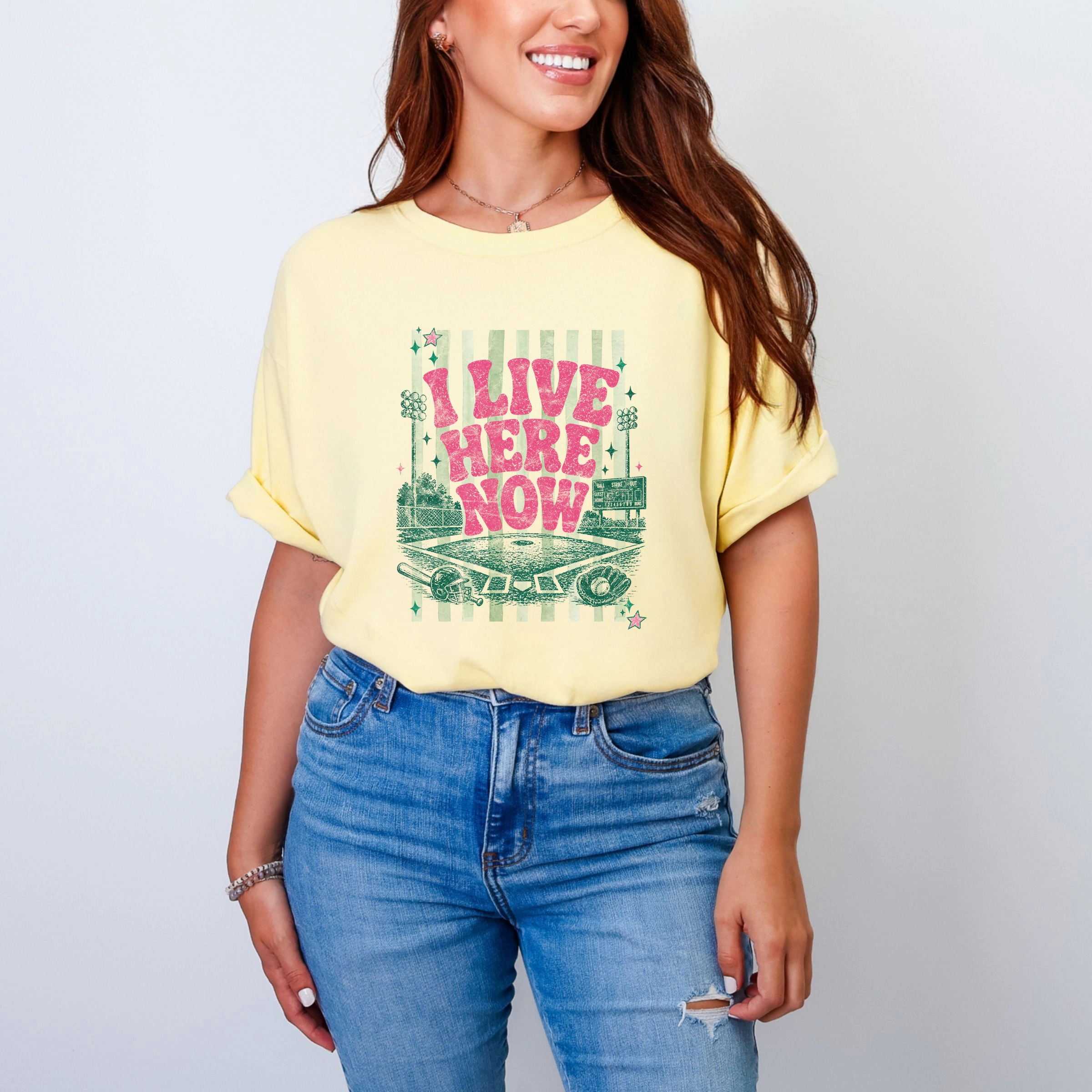 Simply Sage Market - Women's Garment Dyed Graphic T-Shirt I Live Here Now