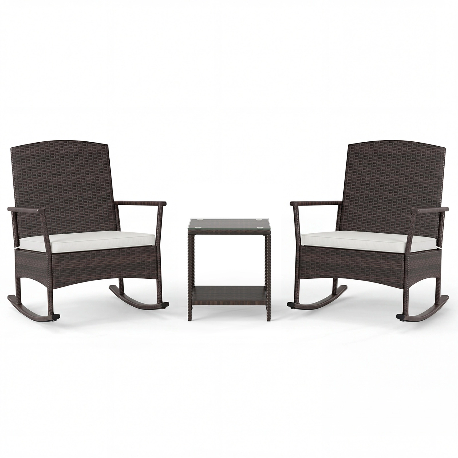 SUGIFT Patio Rocking Conversation Set Wicker Rocking Chairs & 2-Tier Coffee Table 400-lb Chair Capacity Off White Mix