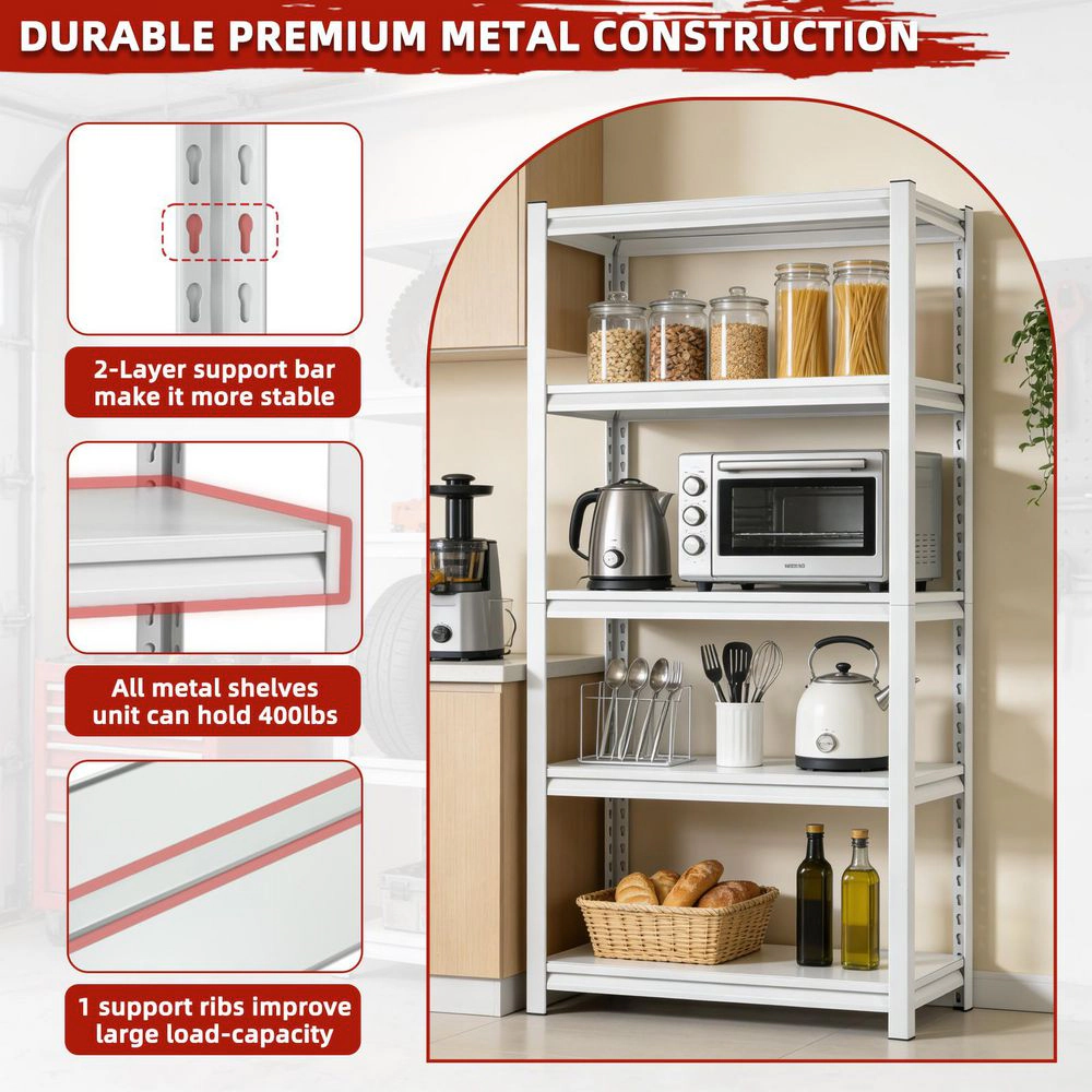 Flynama 5-Shelf Steel Heavy Duty Freestanding Garage Storage Shelving Unit in White (31.5 in. W x 63 in. H x 15.7 in. D)